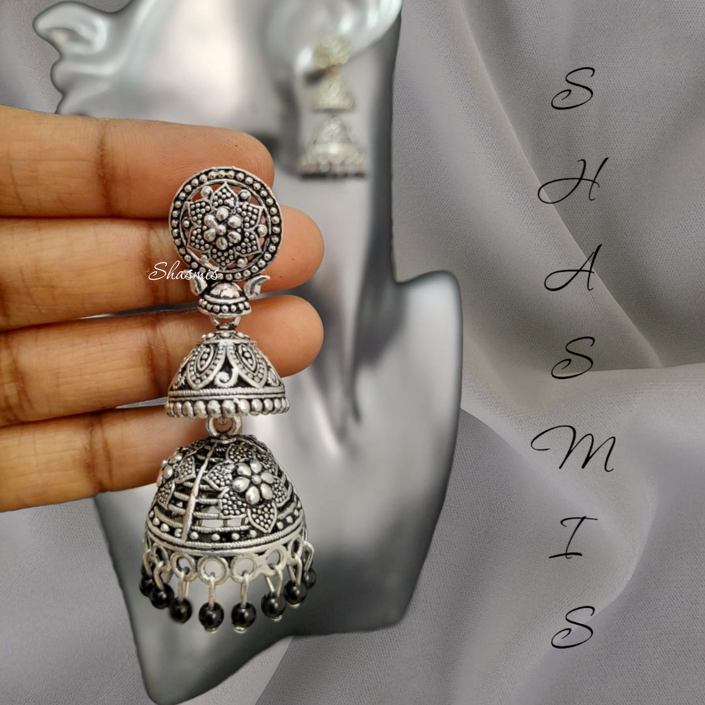 Black Design Silver Jhumka Earrings