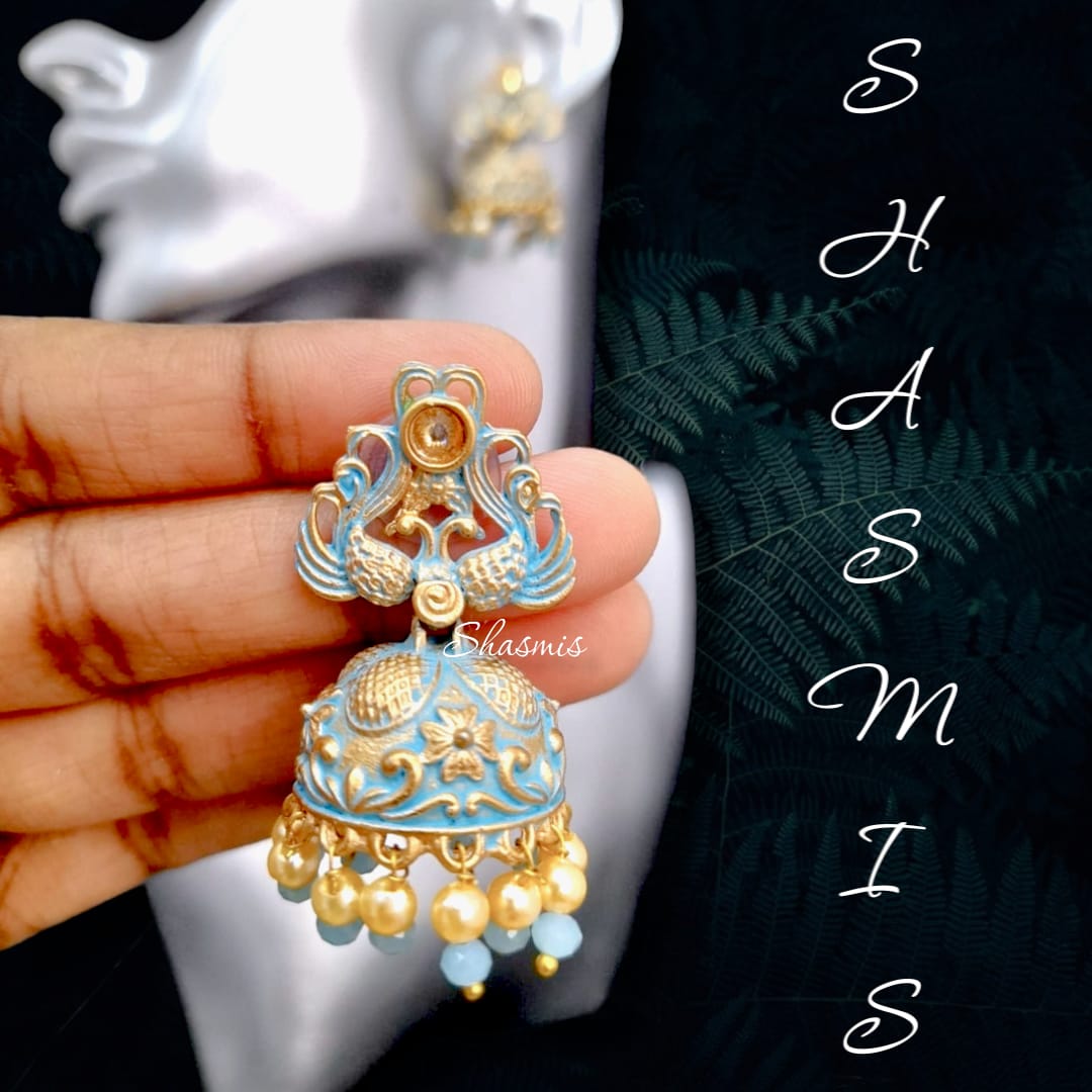 Sky Blue and Gold Plating Jhumka Earrings