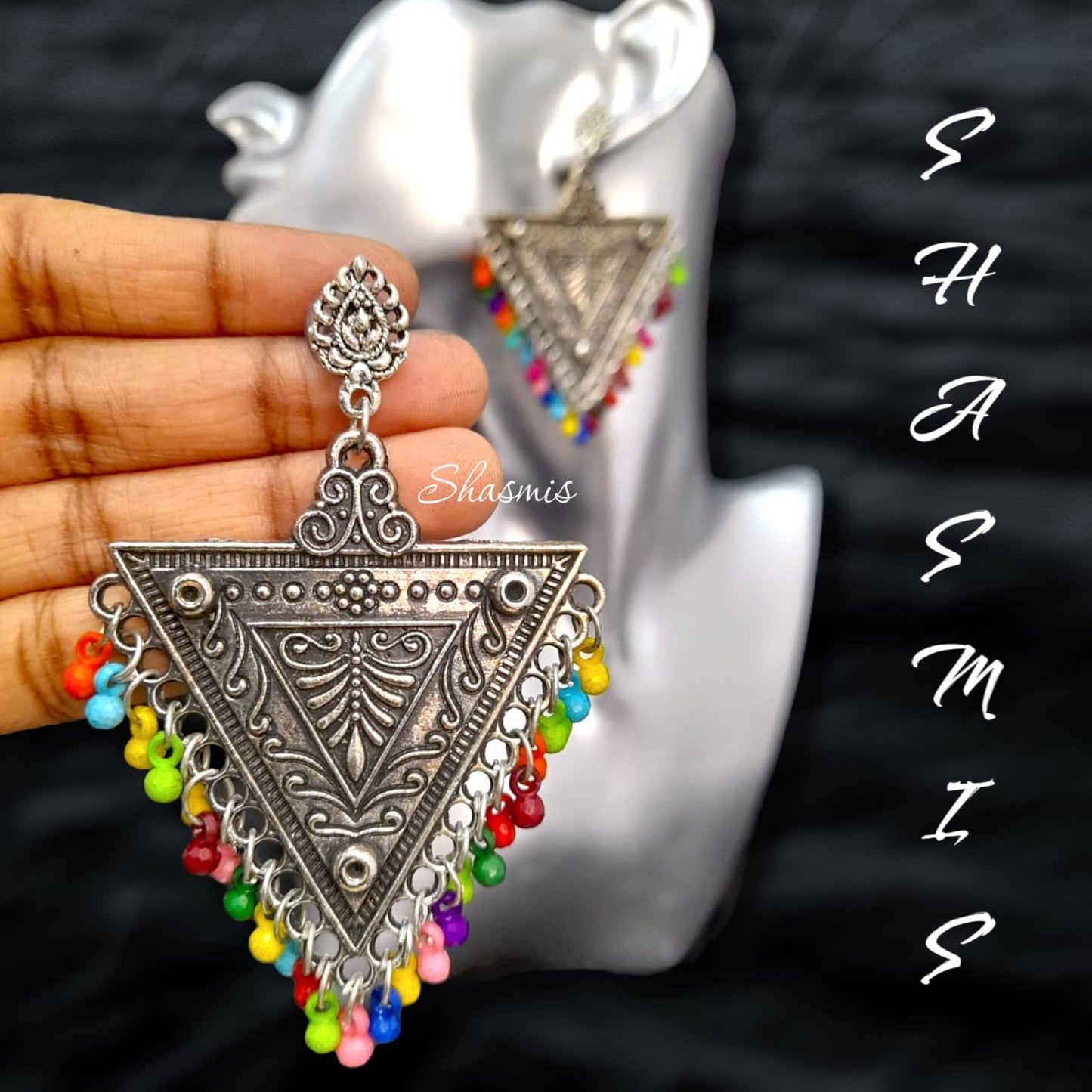 Triangle Oxidised Silver Ghungroo Earrings