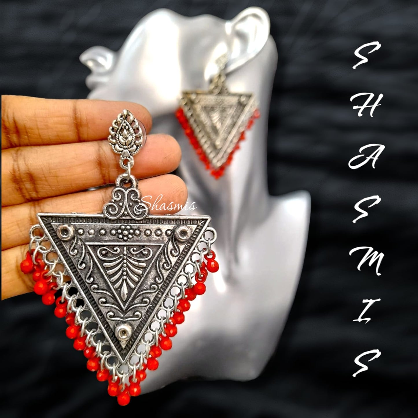 Triangle Oxidised Silver Ghungroo Earrings