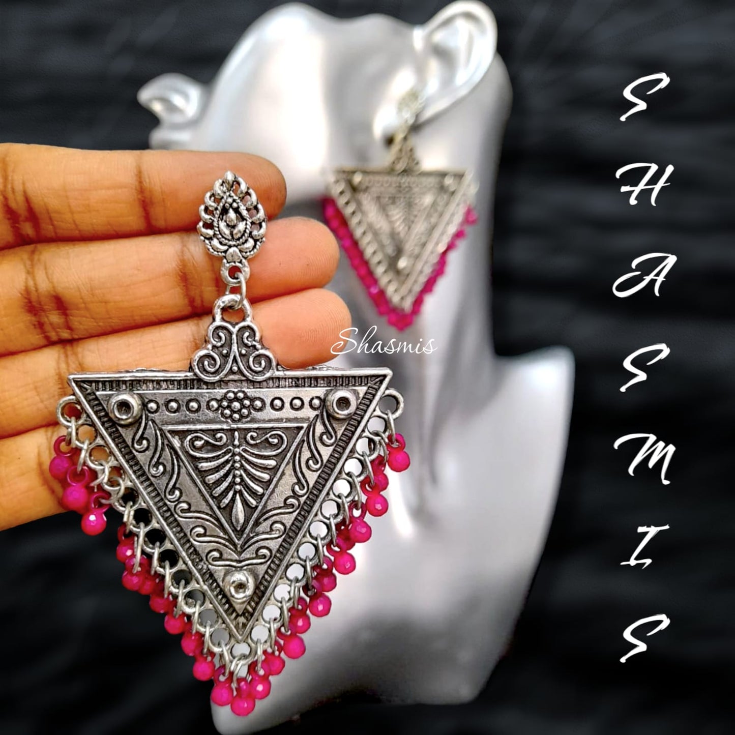 Triangle Oxidised Silver Ghungroo Earrings