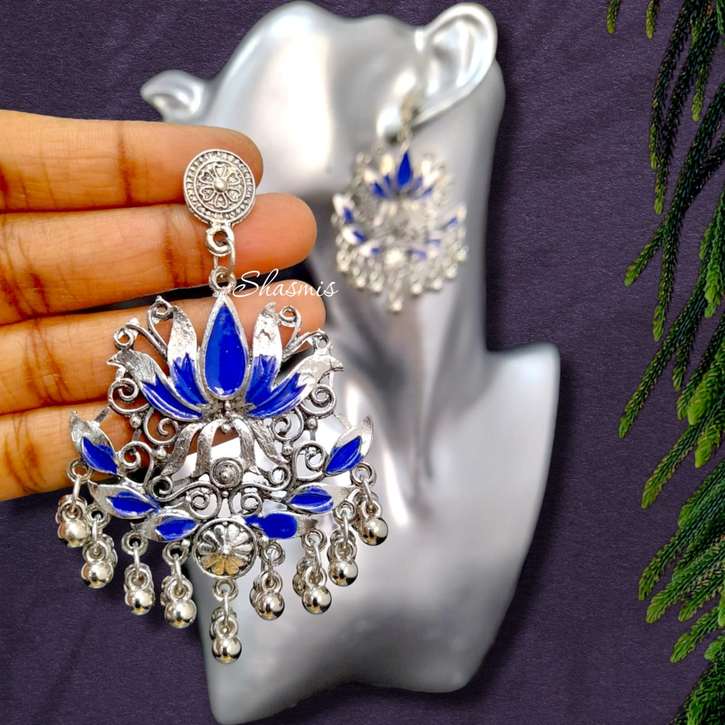 Lotus Ghungroo Silver Oxidised Earrings