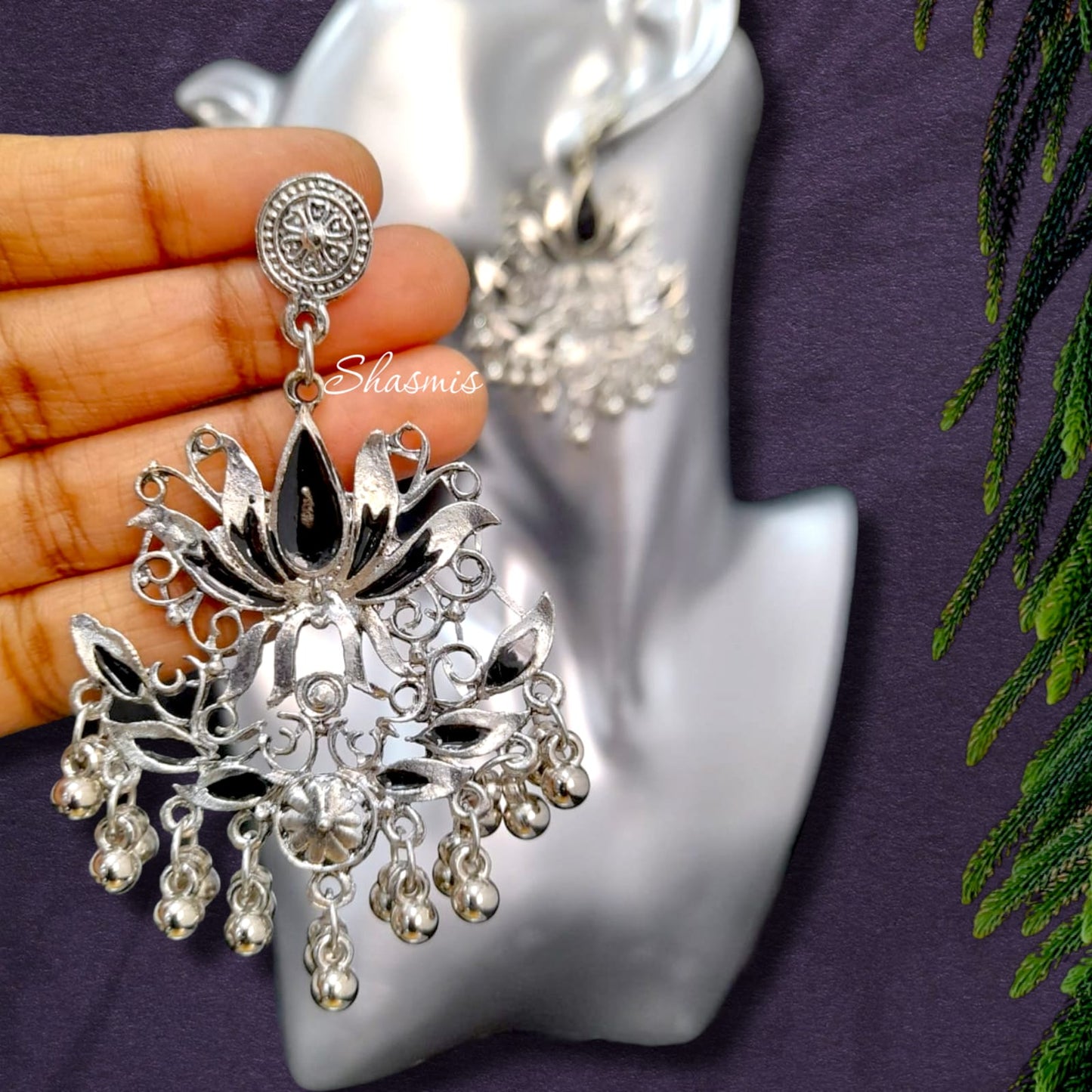 Lotus Ghungroo Silver Oxidised Earrings