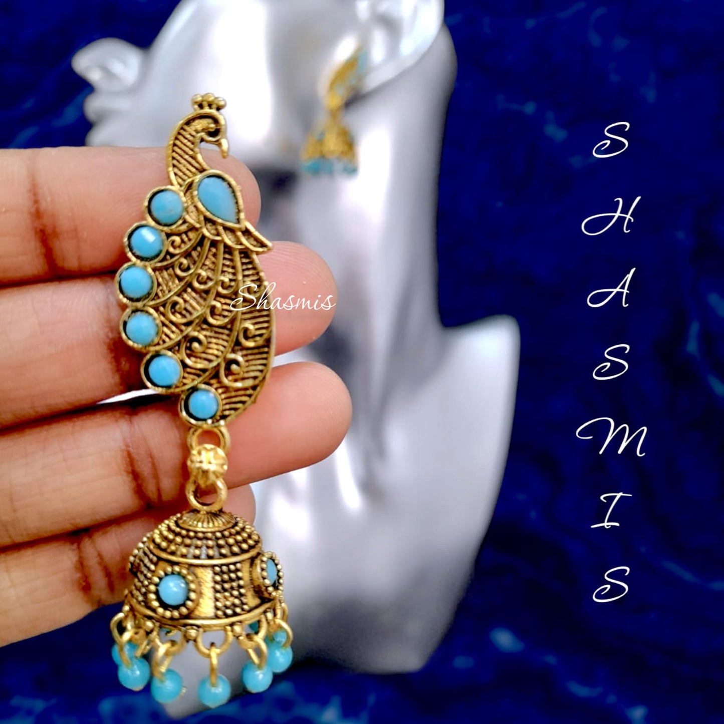 Peacock Feather Gold Jhumka Earrings