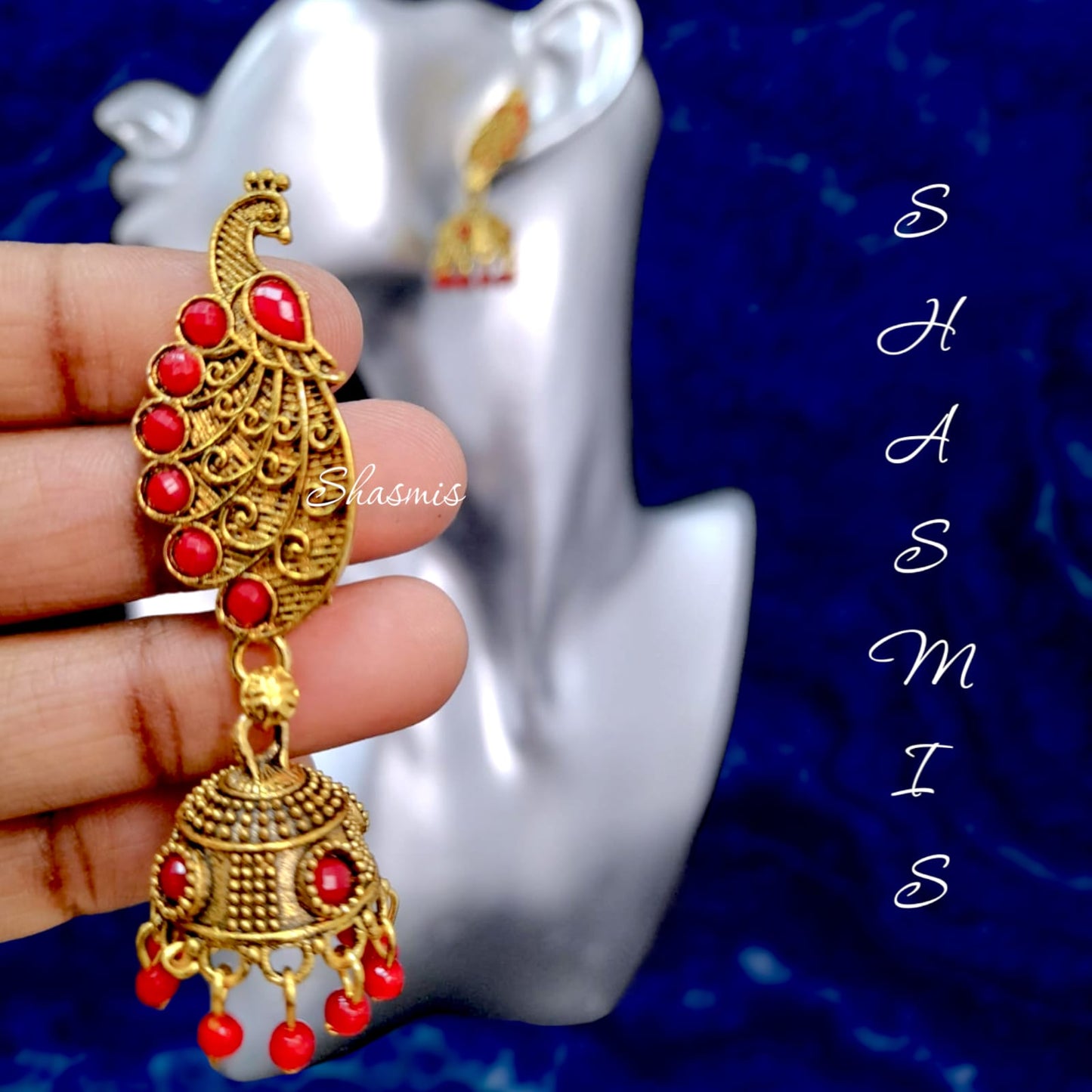 Peacock Feather Gold Jhumka Earrings