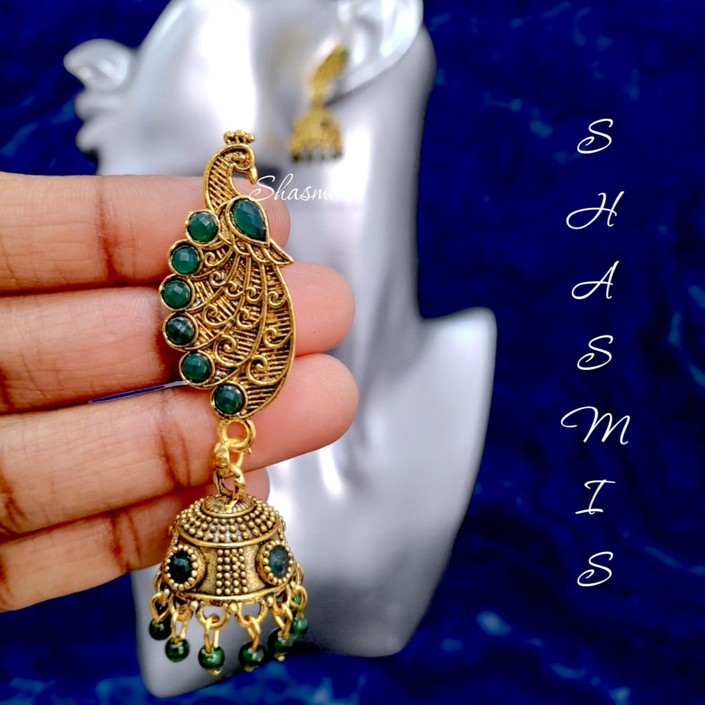 Peacock Feather Gold Jhumka Earrings