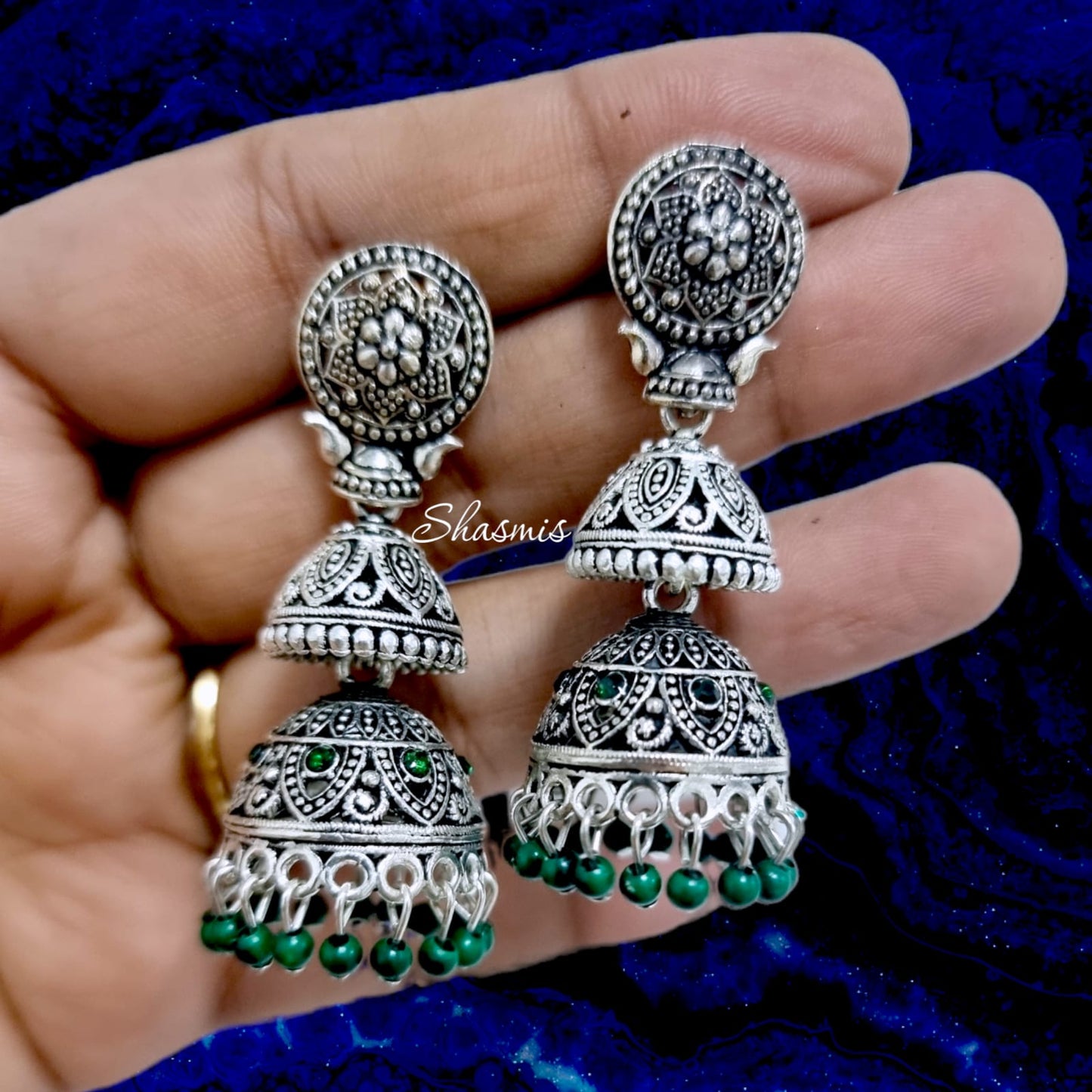 Green Design Oxidised Jhumka Earrings
