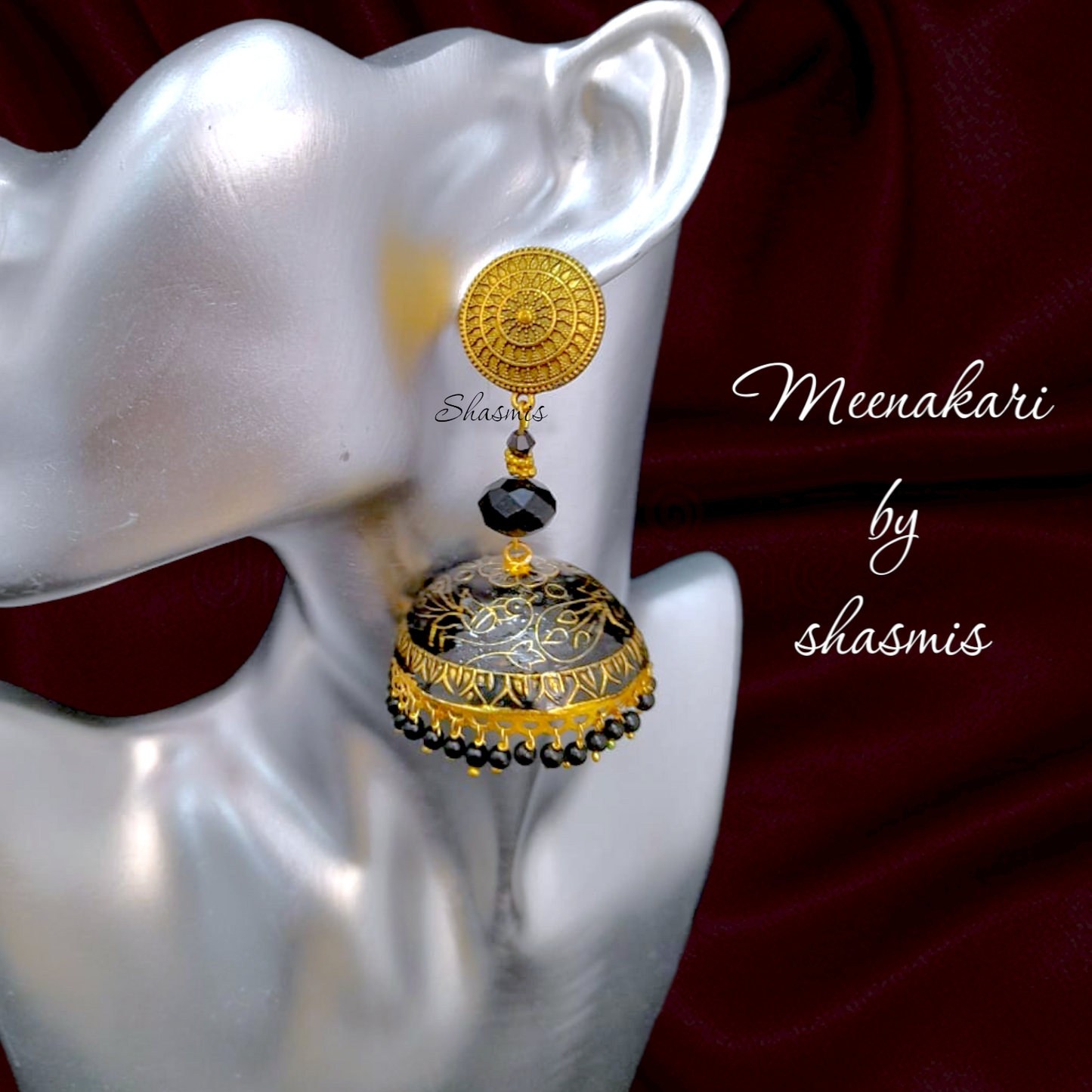 Black Bead Meenakari Jhumka Earrings