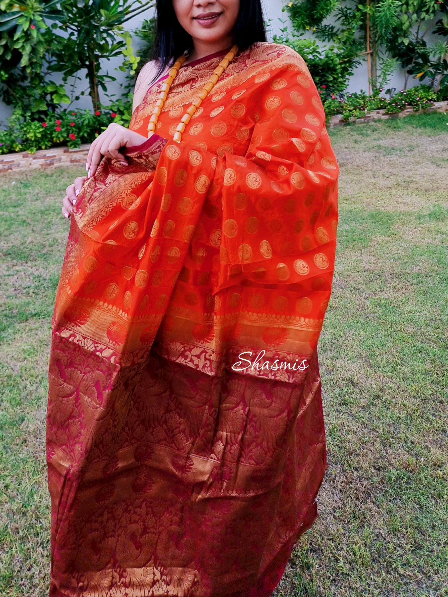 Orange And Brown Shade Indian Silk Saree
