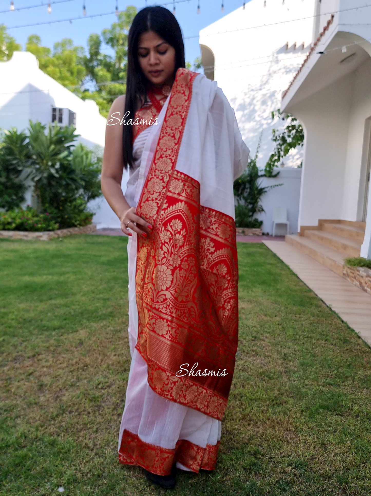 White and Red Cotton Saree With Silk Border