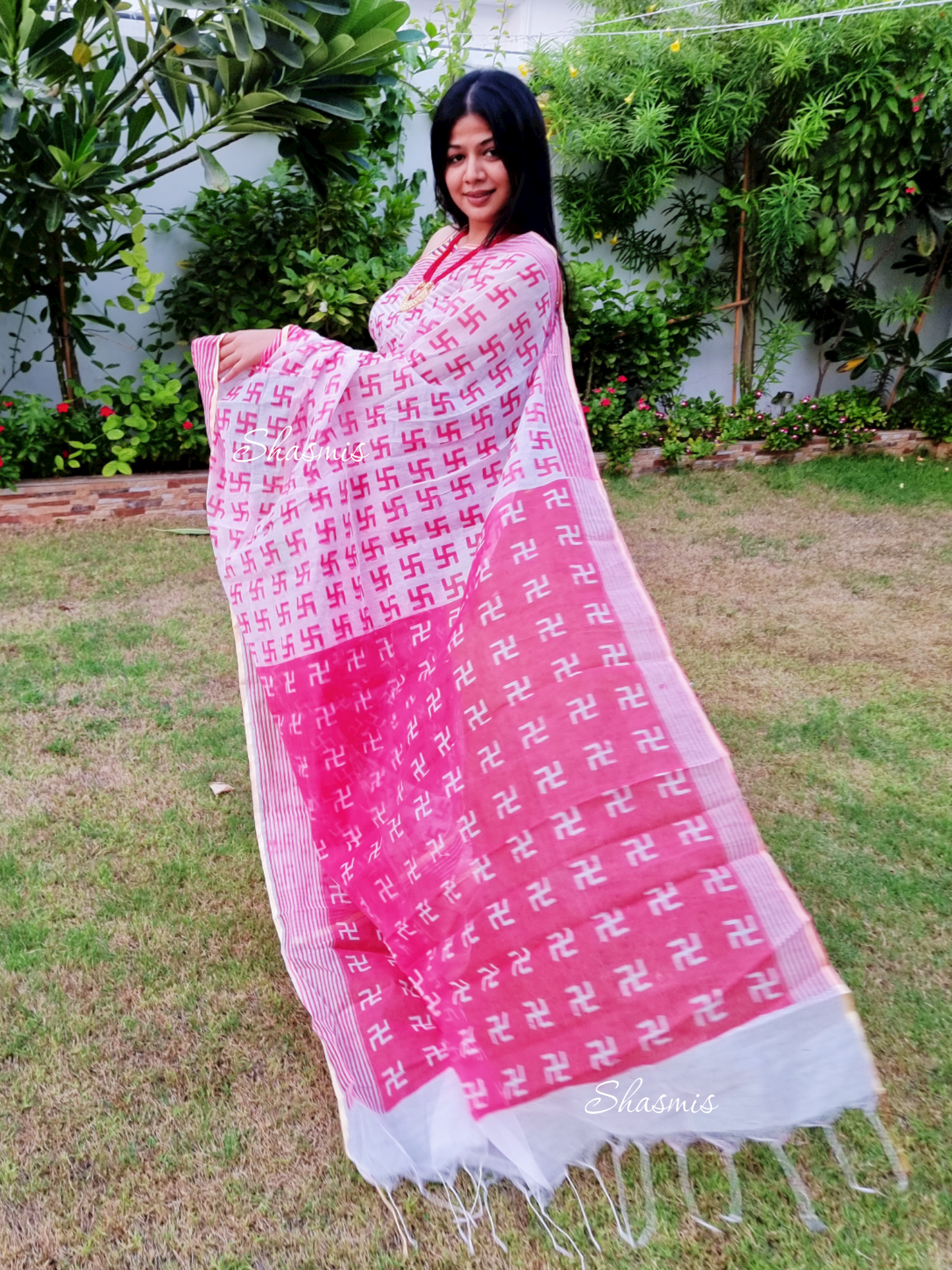 White and Red Swastik Cotton Sraee