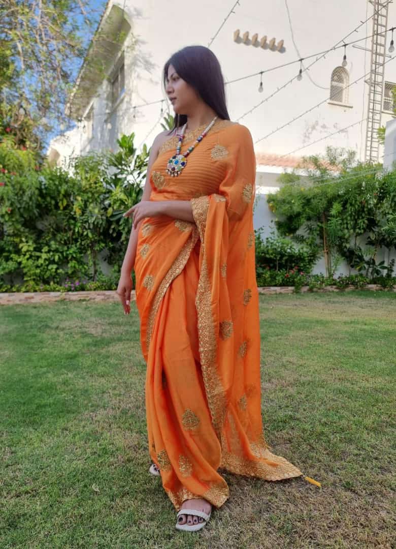 Orange Color Chiffon Saree With Embroidery On Border