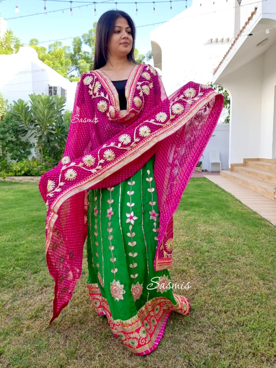Green and Pink Lehengas, Stiched Lehnga with Blouse Material