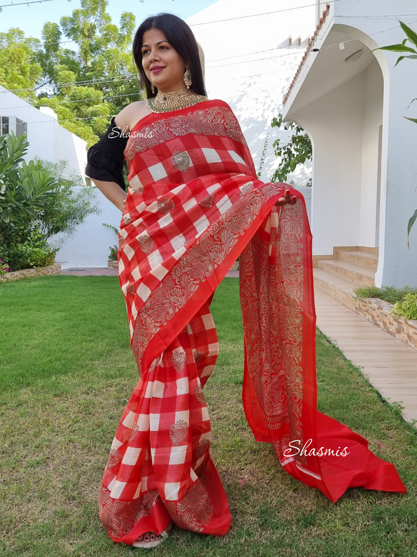 Checks Soft Silk Printed Saree