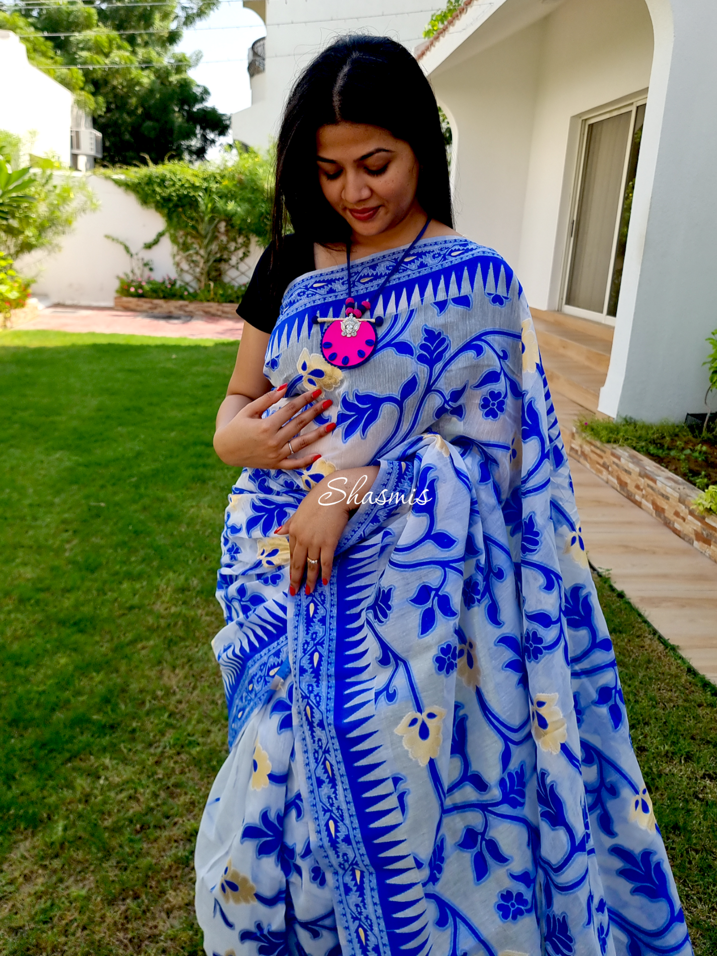 Blue and White Pure cotton Linen Saree With Gold Zari Work