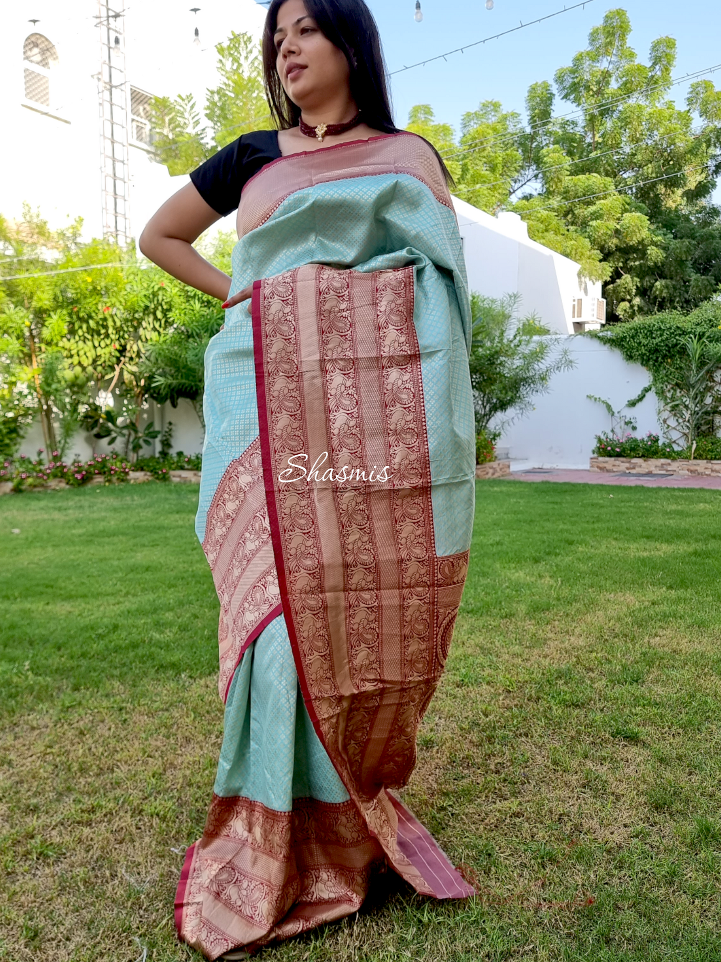 Mint Green Color With Brown Heavy Border Kanjeevaram Saree, Ready to Wear, 1 Minute Saree
