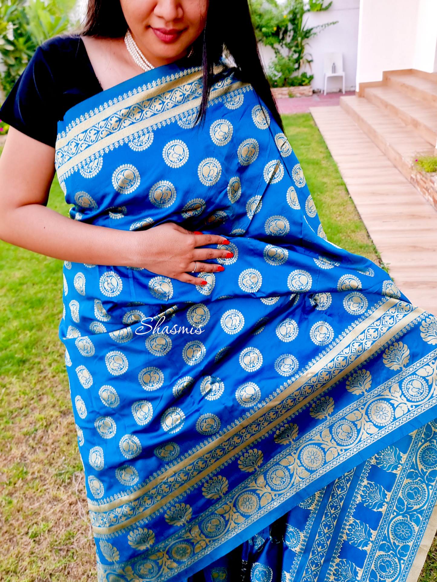 Rama Blue Color Amazing Golden Work Soft Silk Saree