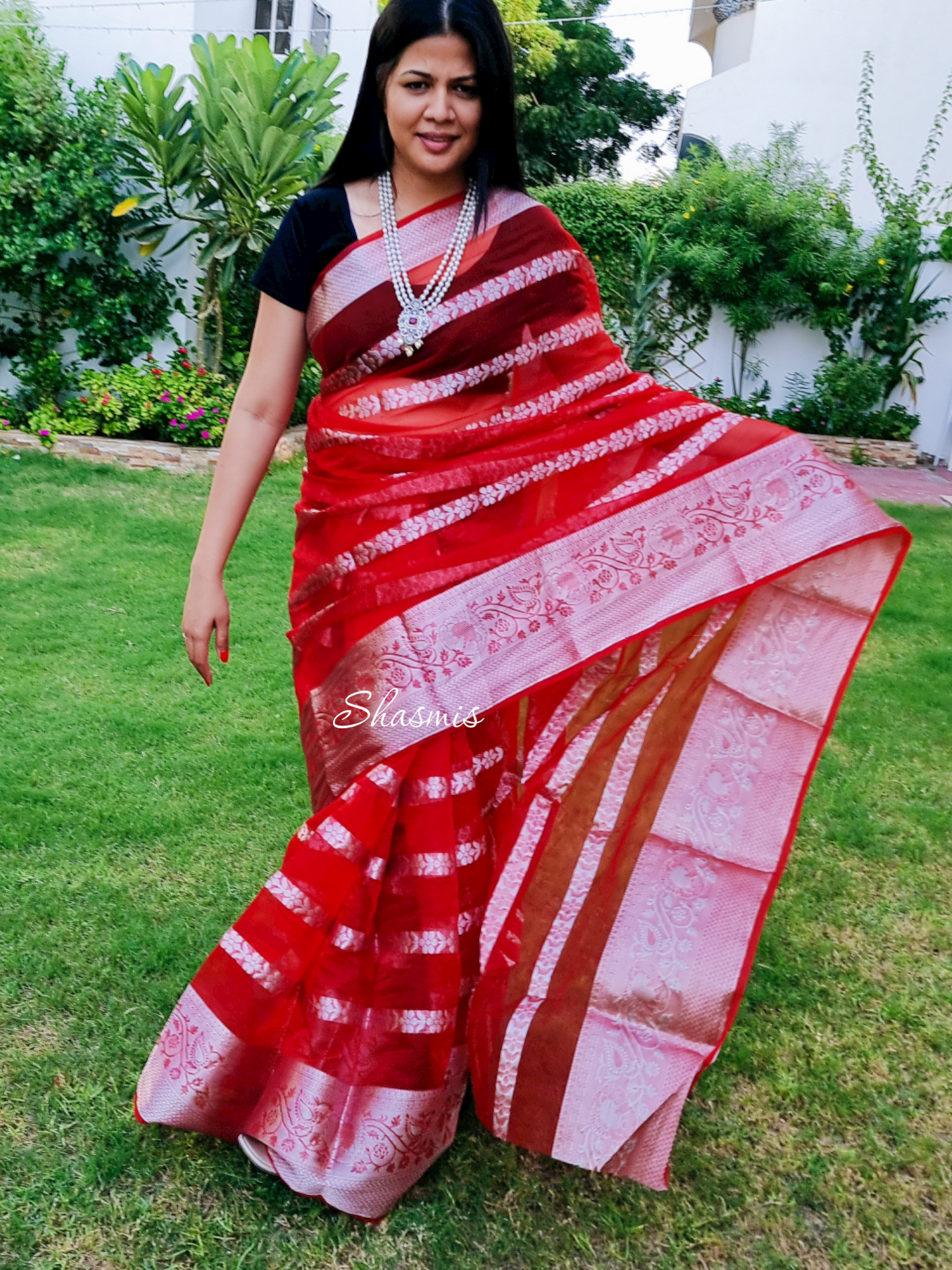 Red and Silver Organza Silk Saree, Premium Quality