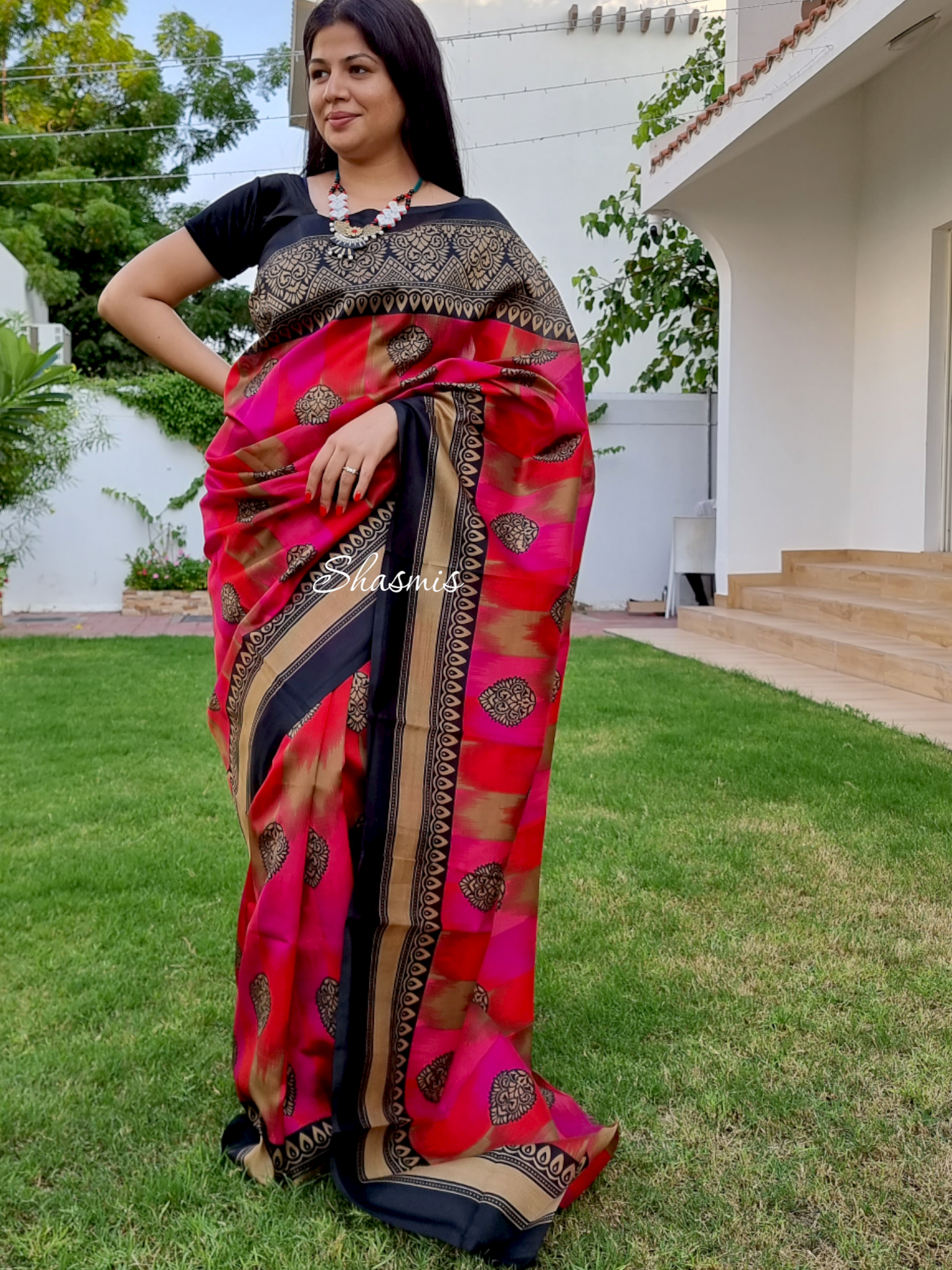 Pink and Orange Dual Tone Color With Black Border Soft Assam Silk Saree