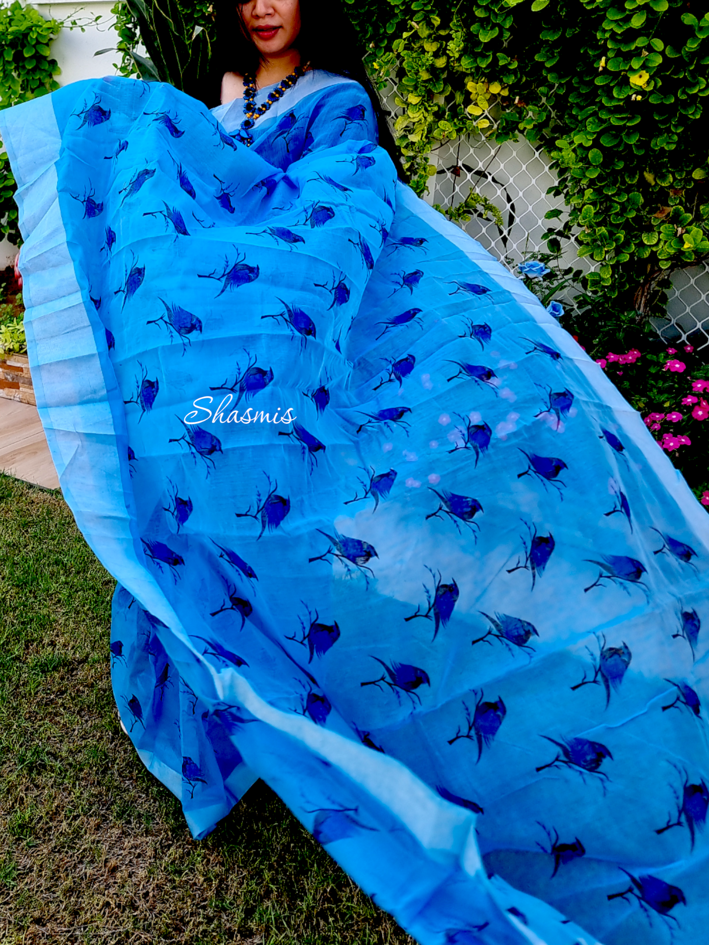 Blue Color Cotton Saree With Contemporary Print