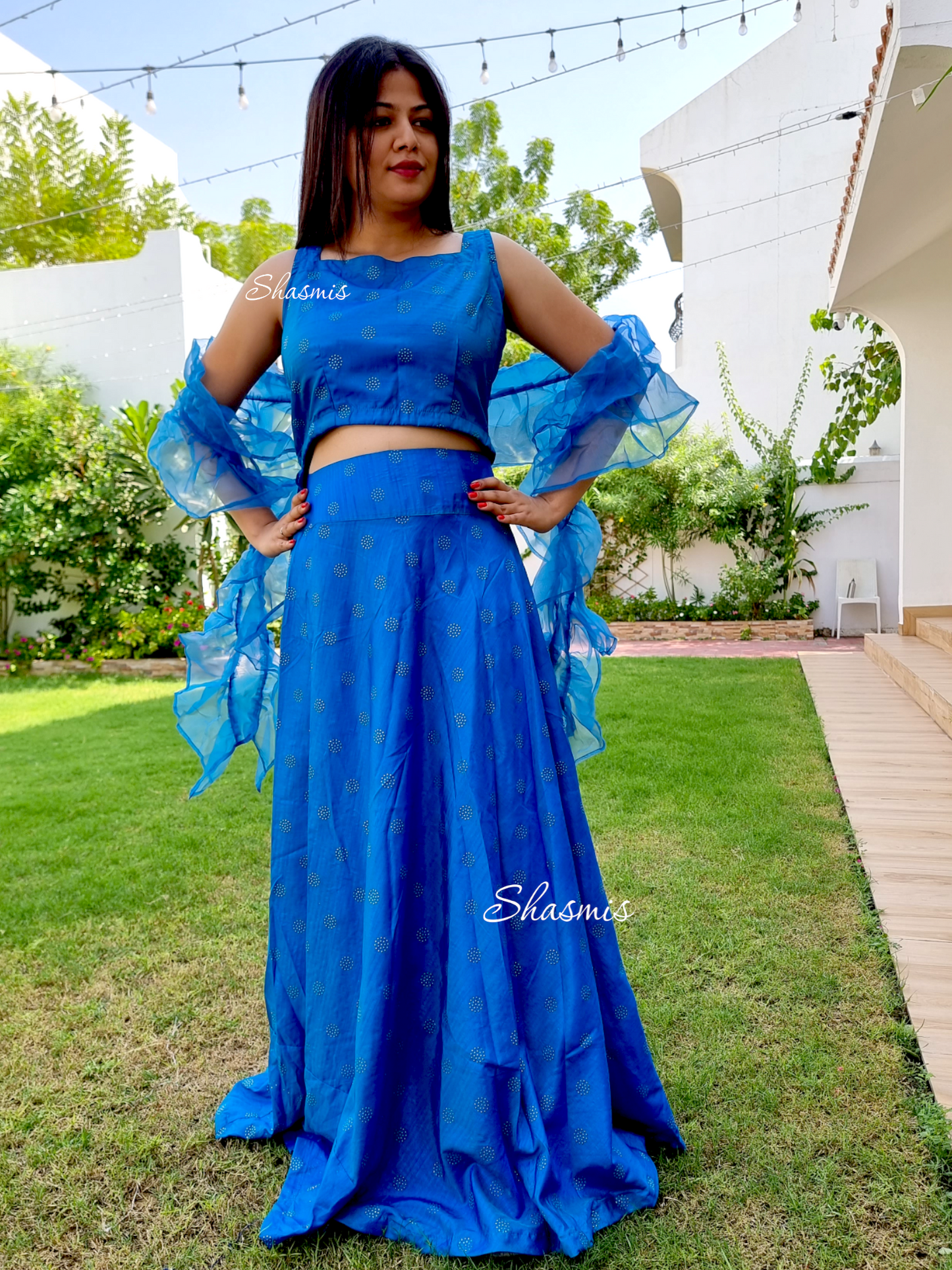 Blue Color Lehenga With Ruffle Dupatta, 46 size