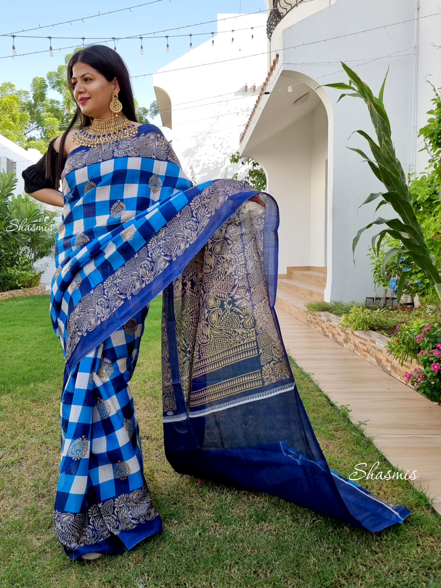 Checks Soft Silk Printed Saree