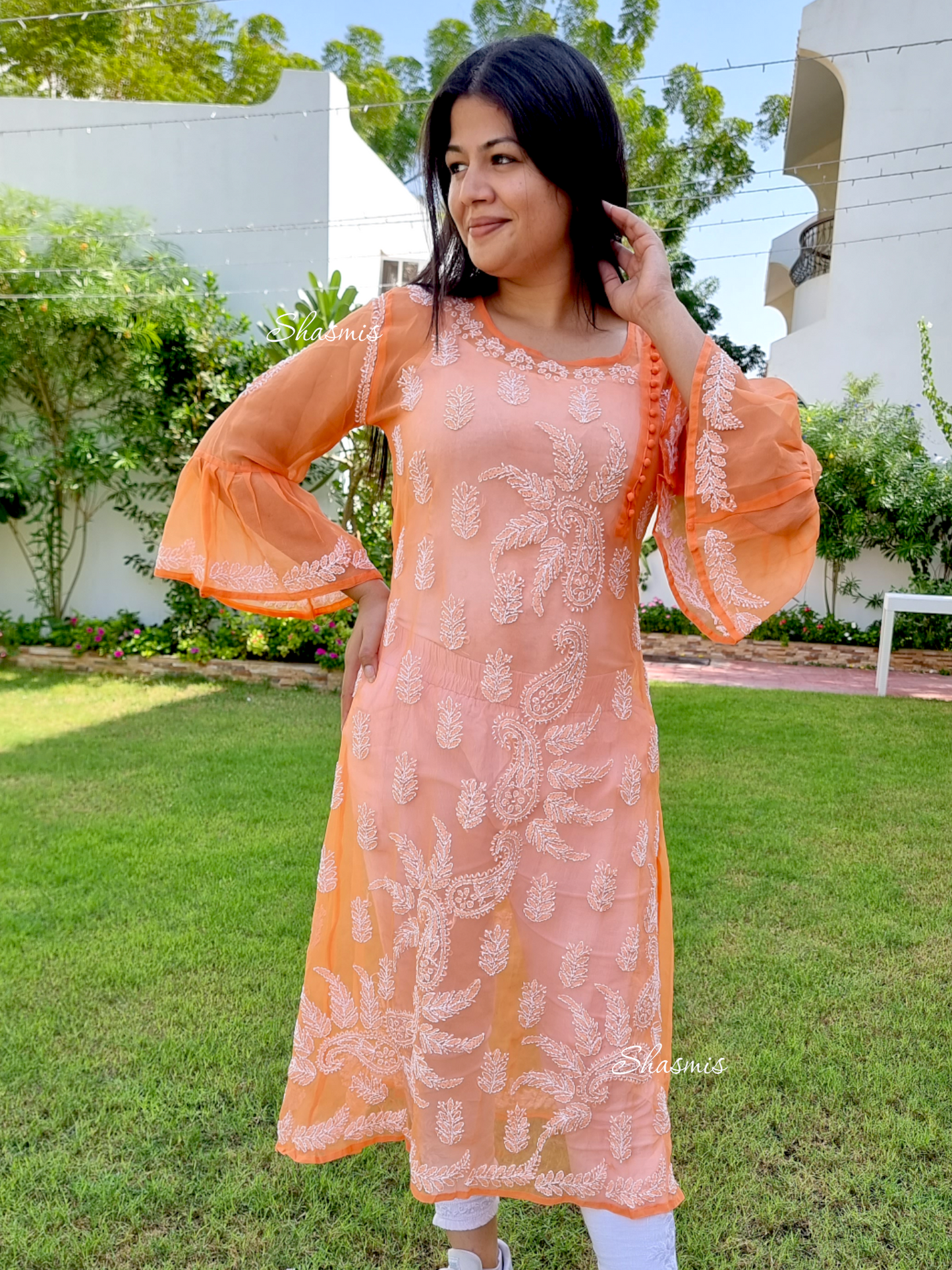 Orange Color Kurti With Chikankari Embroidery Work