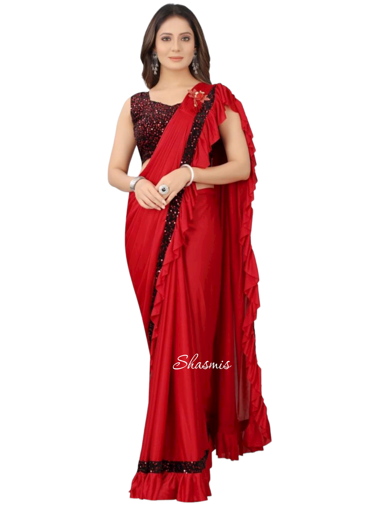 Lycra Sarees With Ruffle On the Pallu and Black Sequence lace