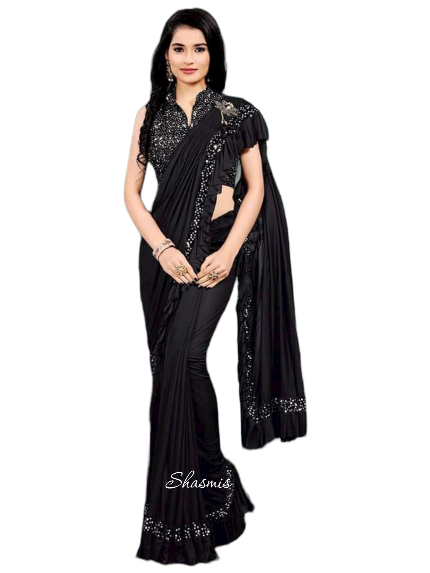 Lycra Sarees With Ruffle On the Pallu and Black Sequence lace