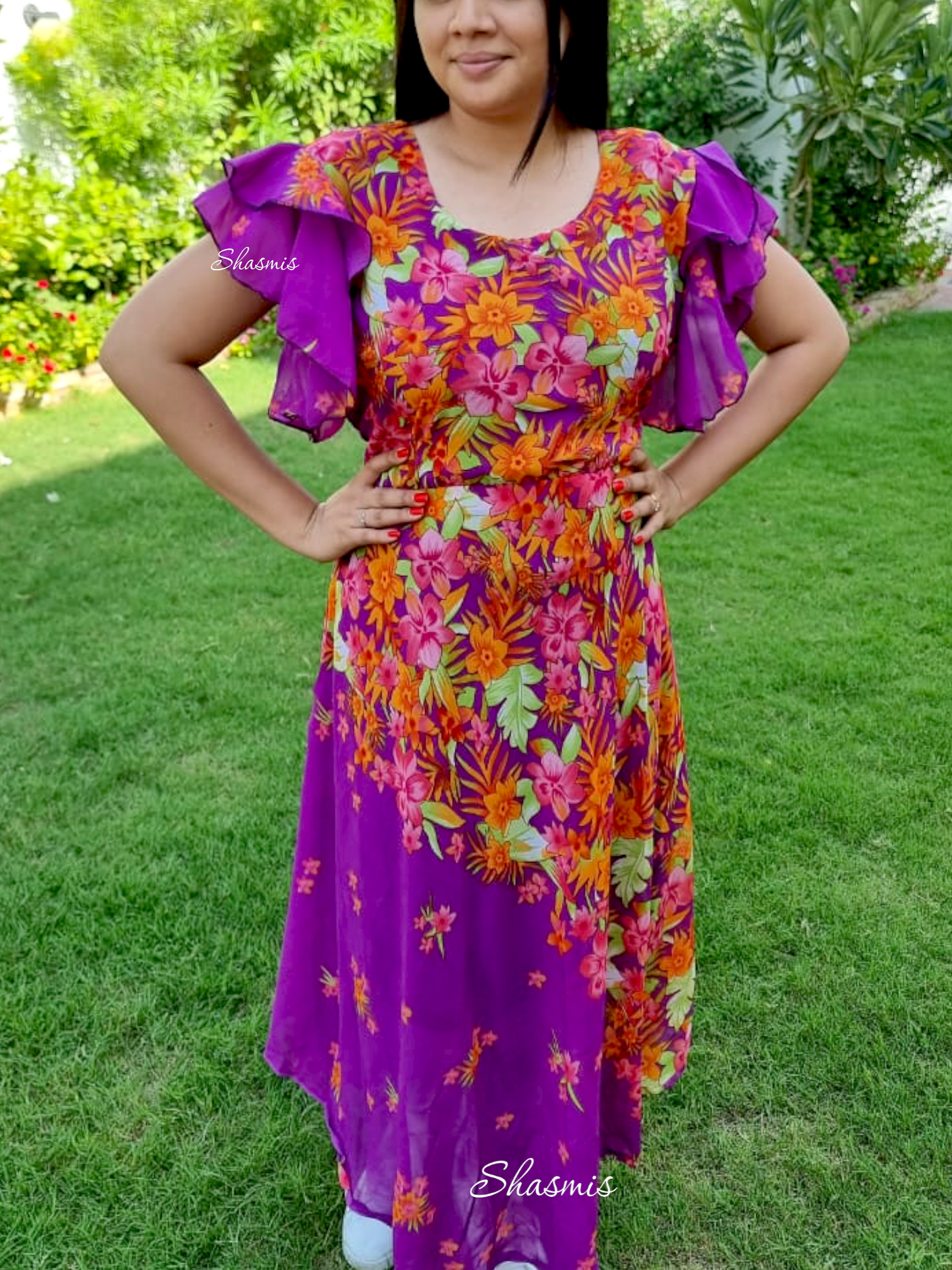 Purple Color Dress With Floral Print and Ruffle Sleeves