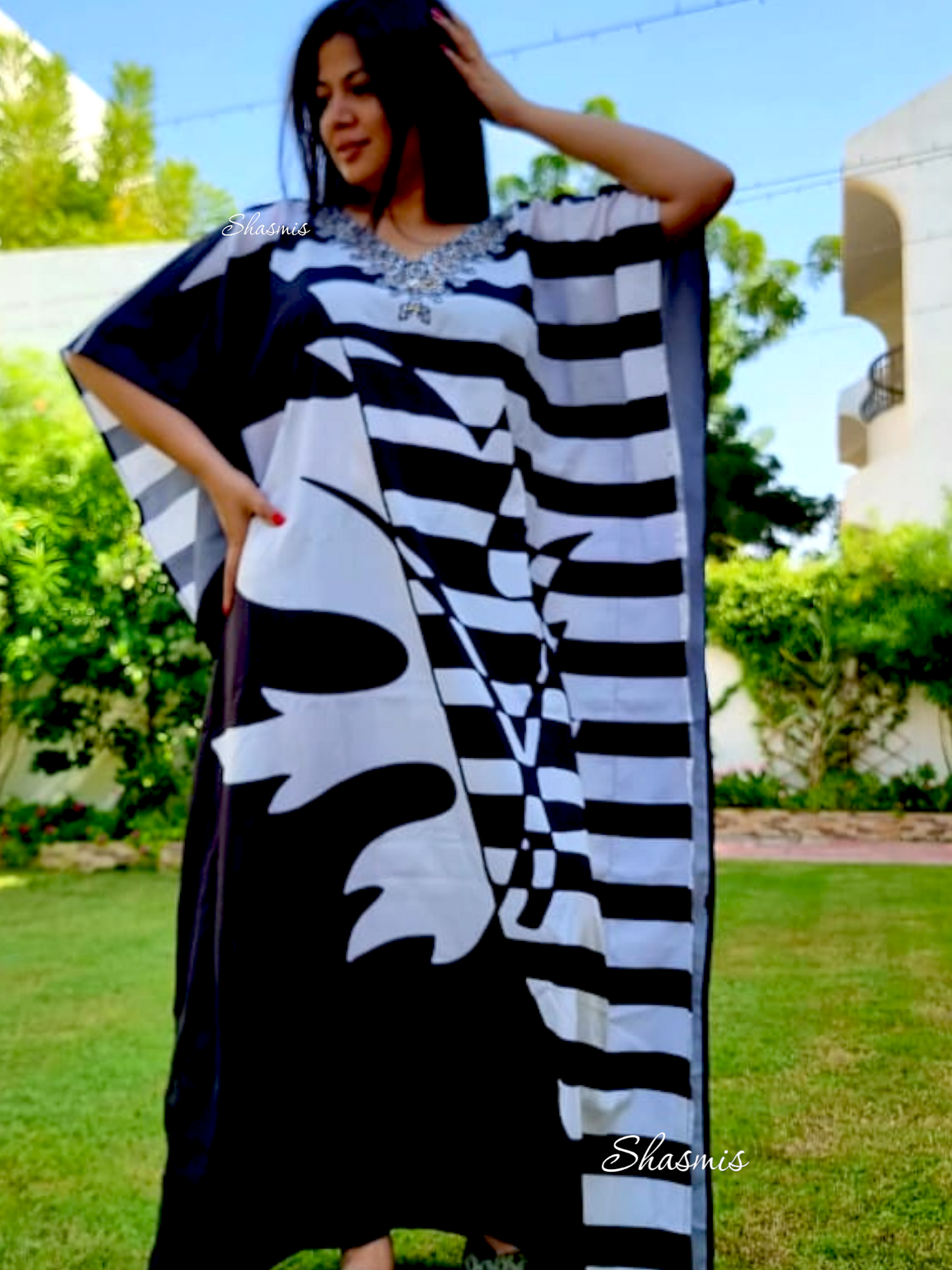 White and Black Silk Kaftan