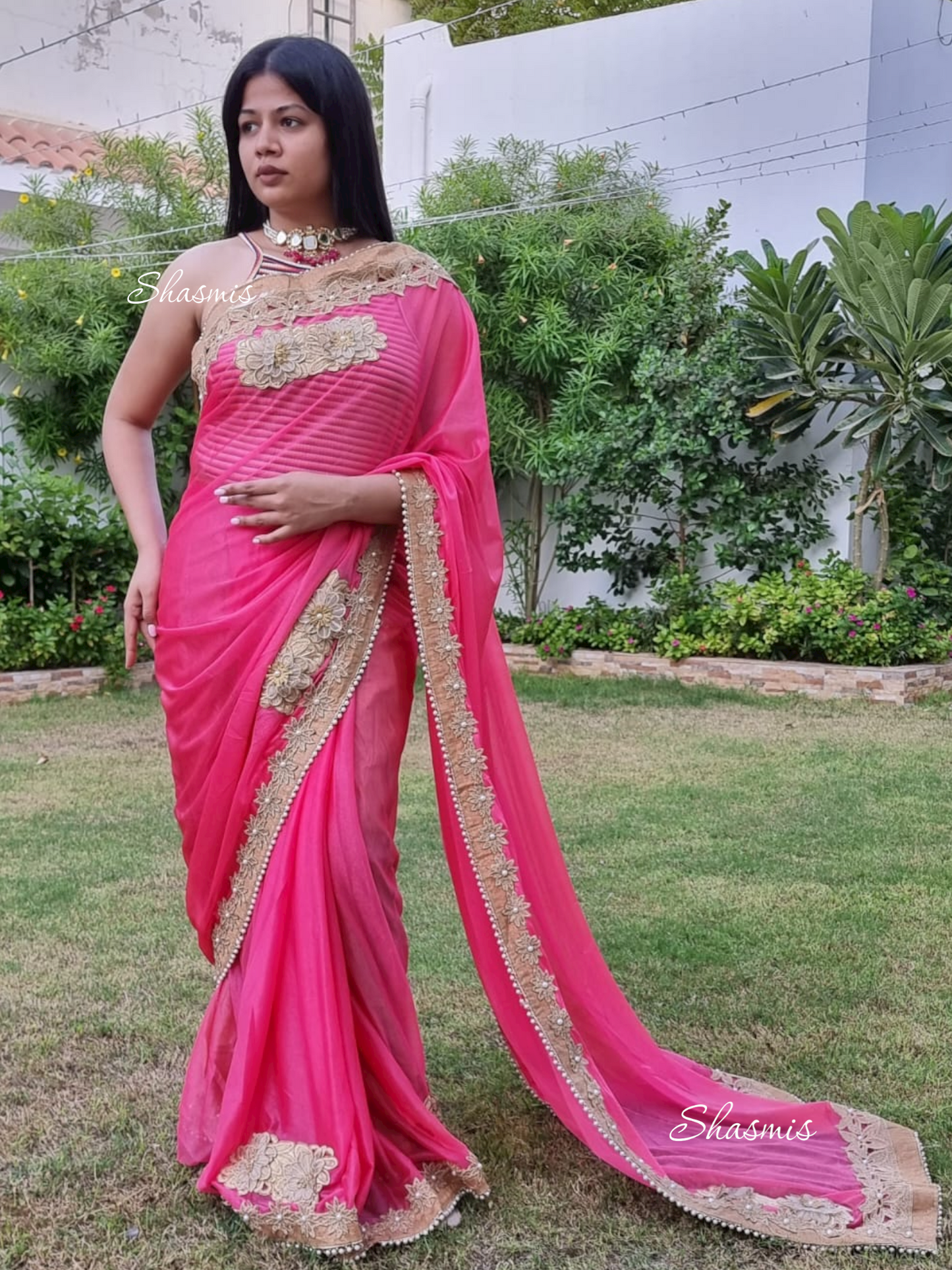 Pink Net Saree With Embroidery on Border