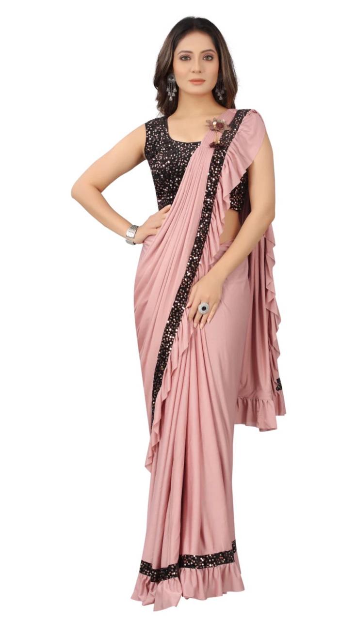 Lycra Sarees With Ruffle On the Pallu and Black Sequence lace