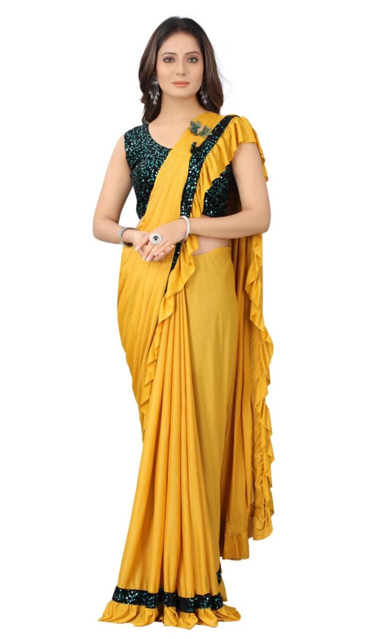 Lycra Sarees With Ruffle On the Pallu and Black Sequence lace