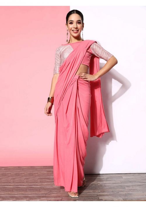 Lycra Sarees With Ruffle On the Pallu and Black Sequence lace