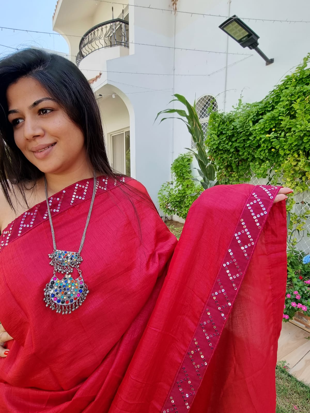 Red Color Baghalpuri Silk Saree With Sequence Lace