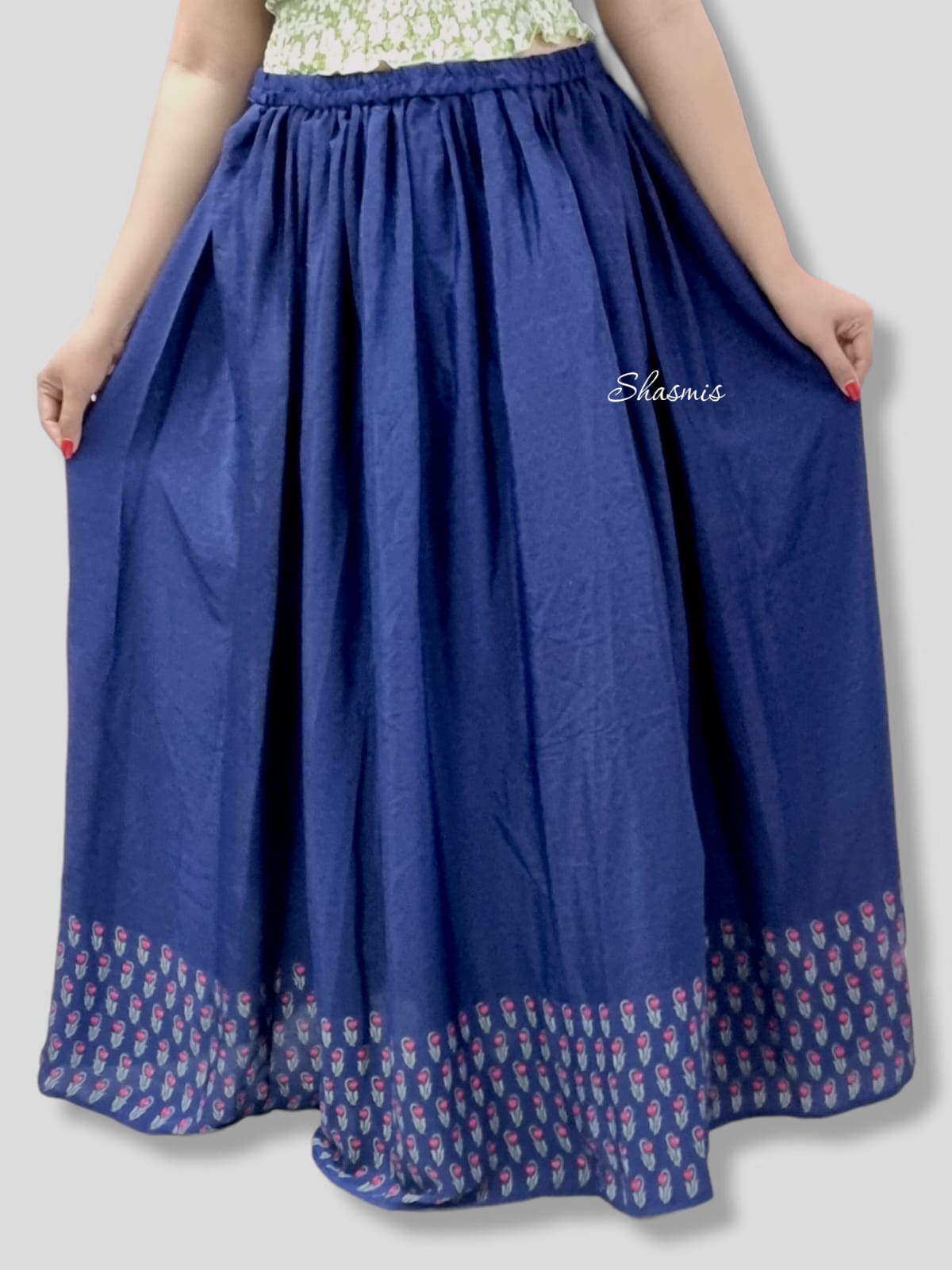 Blue Color Silk Long Skirt with Printed on Bottom