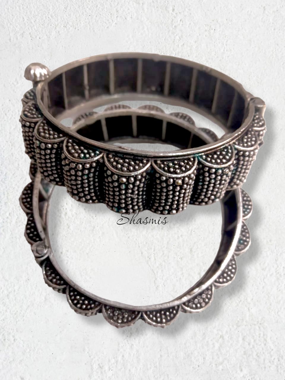 Silver Oxidised Design Bangles, Set of 2