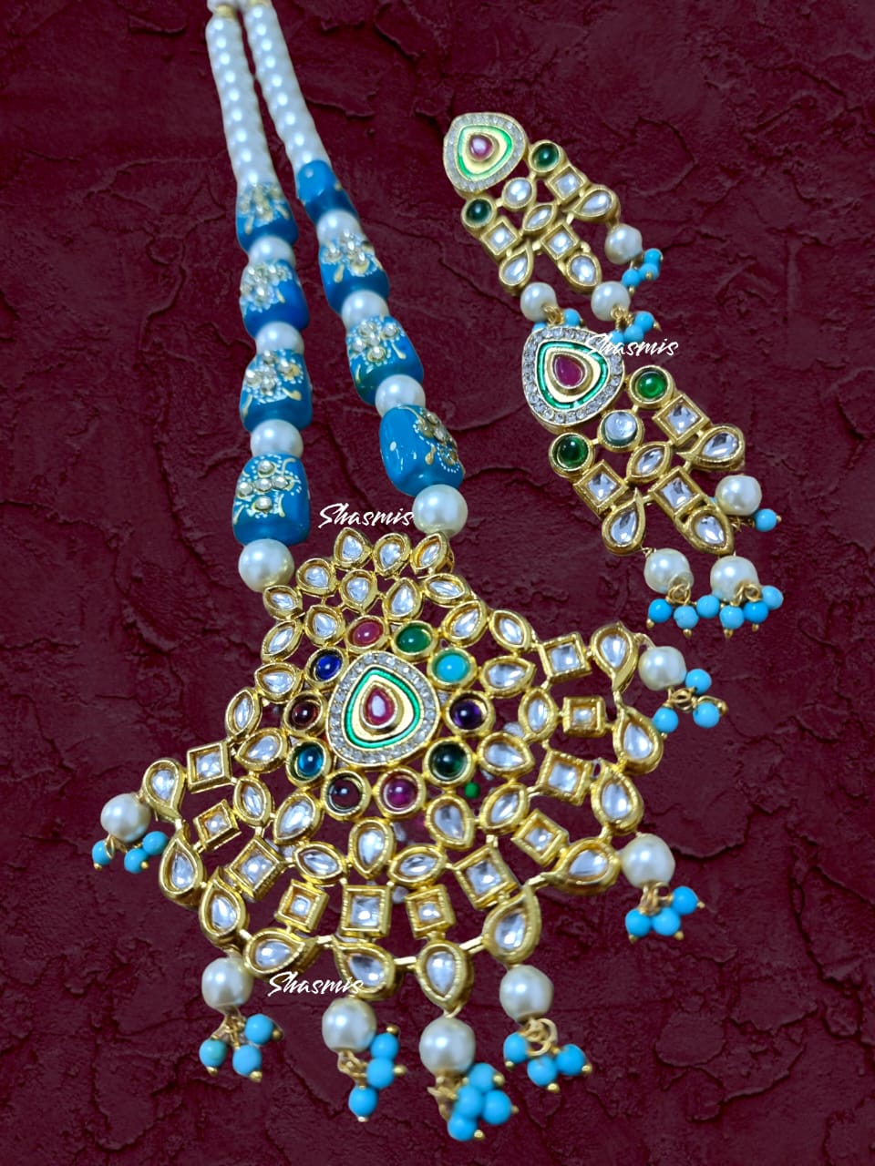 Blue Color Long Kundan Necklace With Earrings