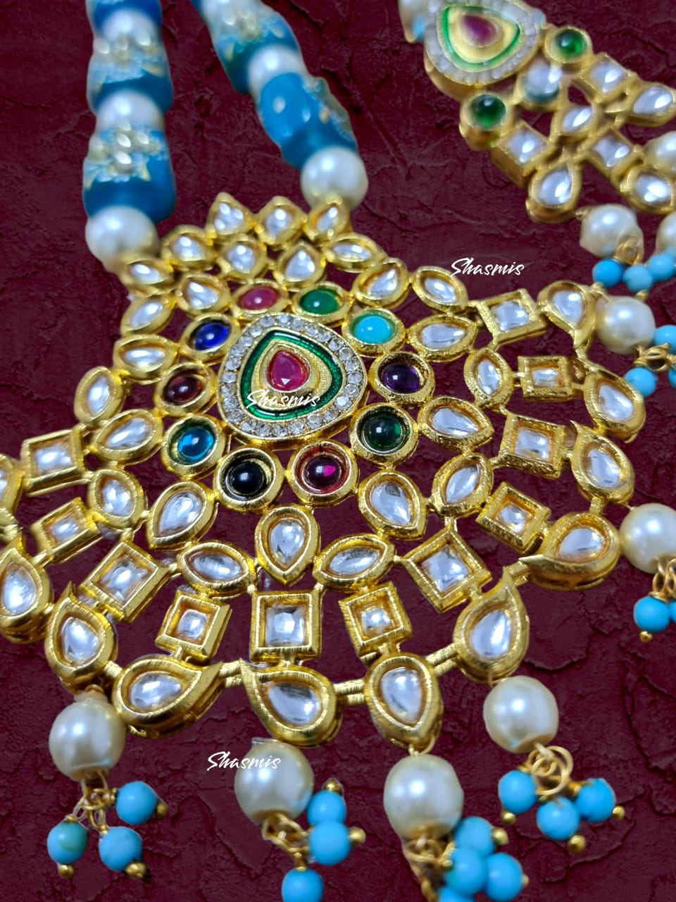 Blue Color Long Kundan Necklace With Earrings