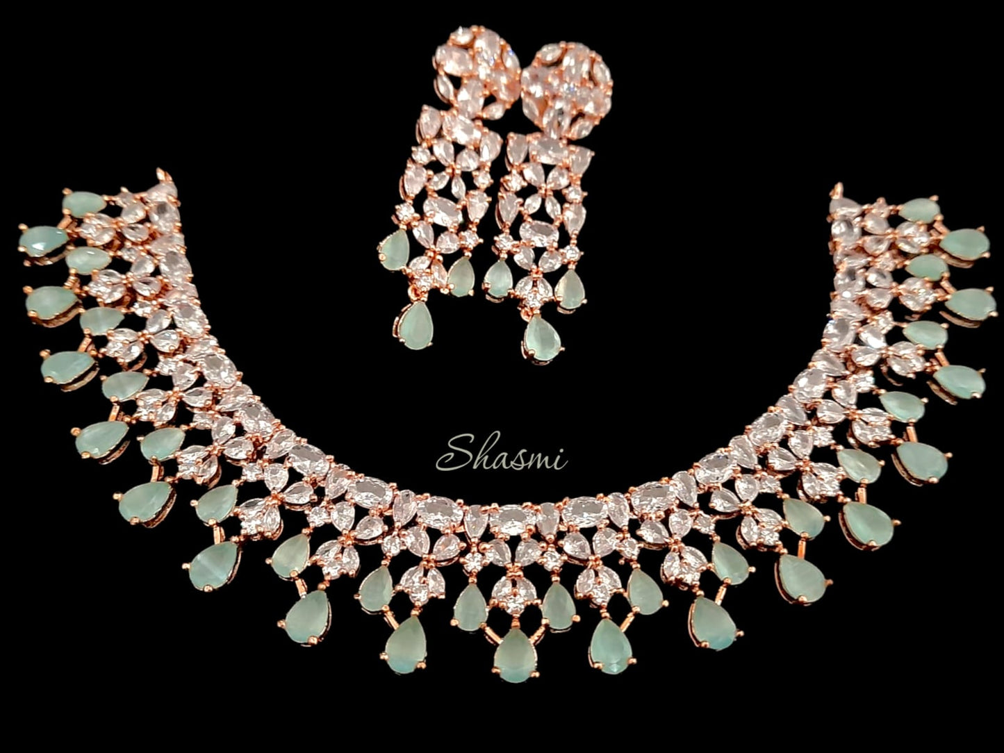 Mint Green American Diamond Necklace With Earrings