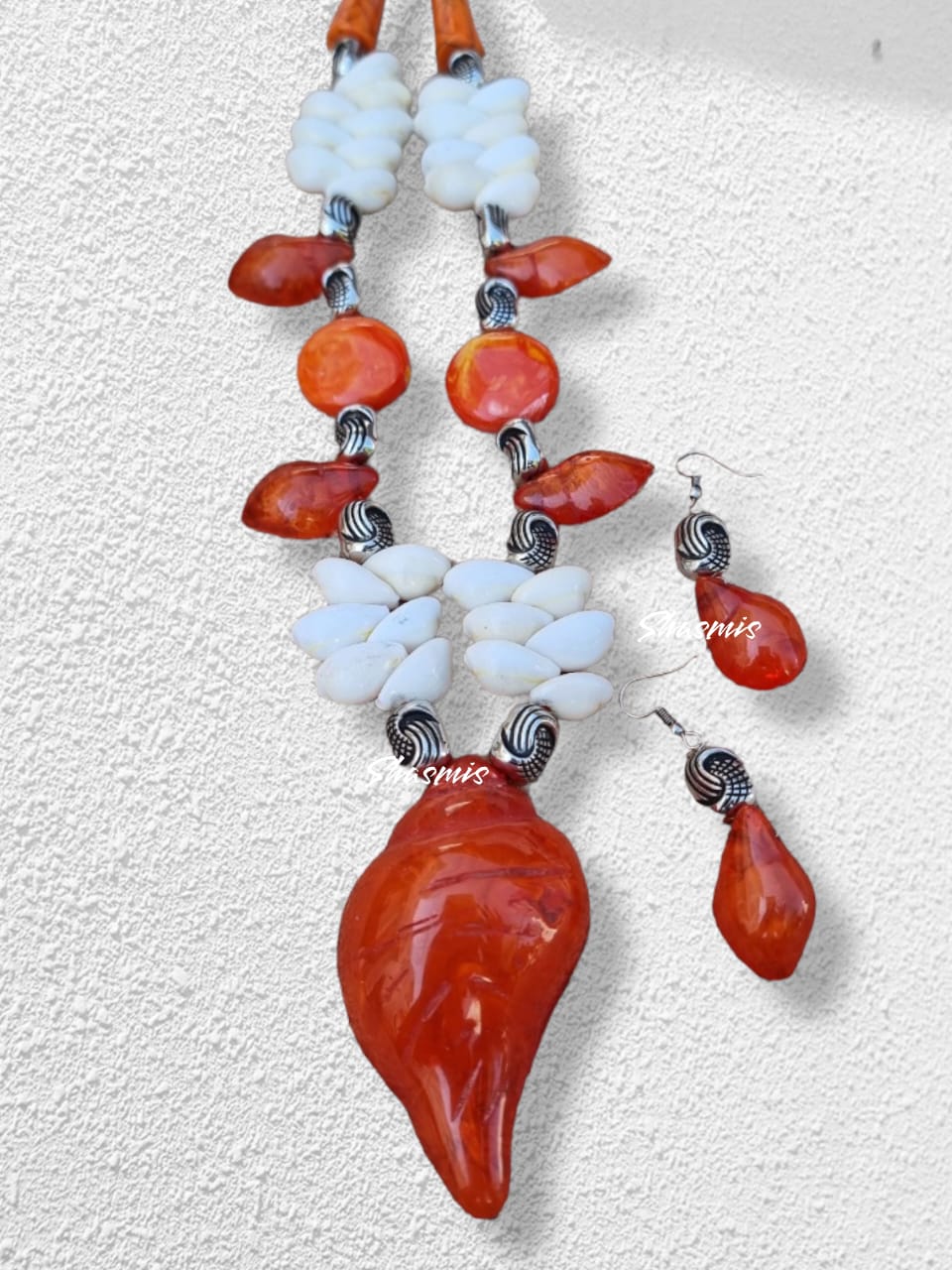 Orange Long Shankh Necklace With Silver Charms and Kaudi, An Absolute Boho Piece