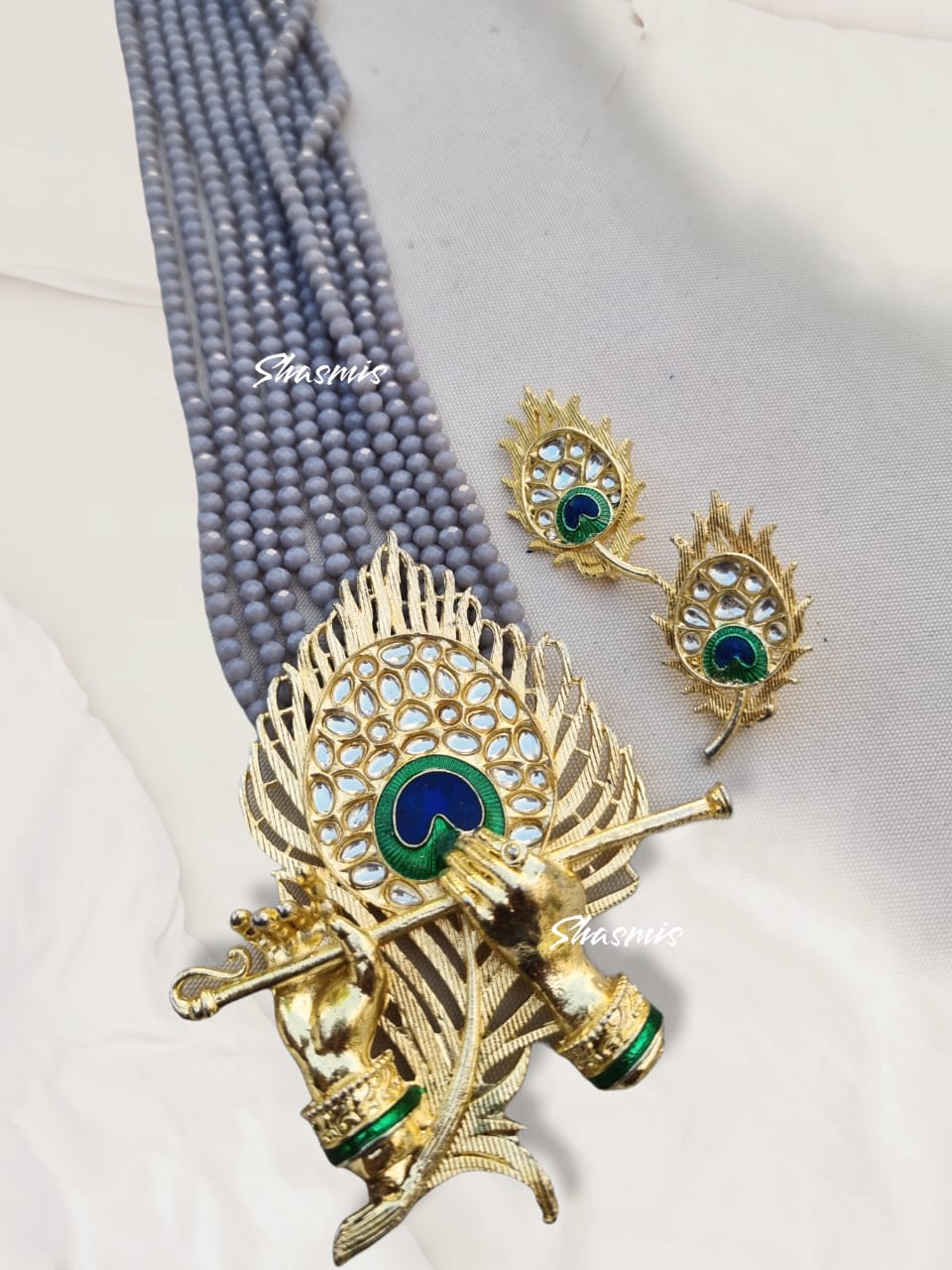 Long Peacock Feather Beaded Necklace With Earrings