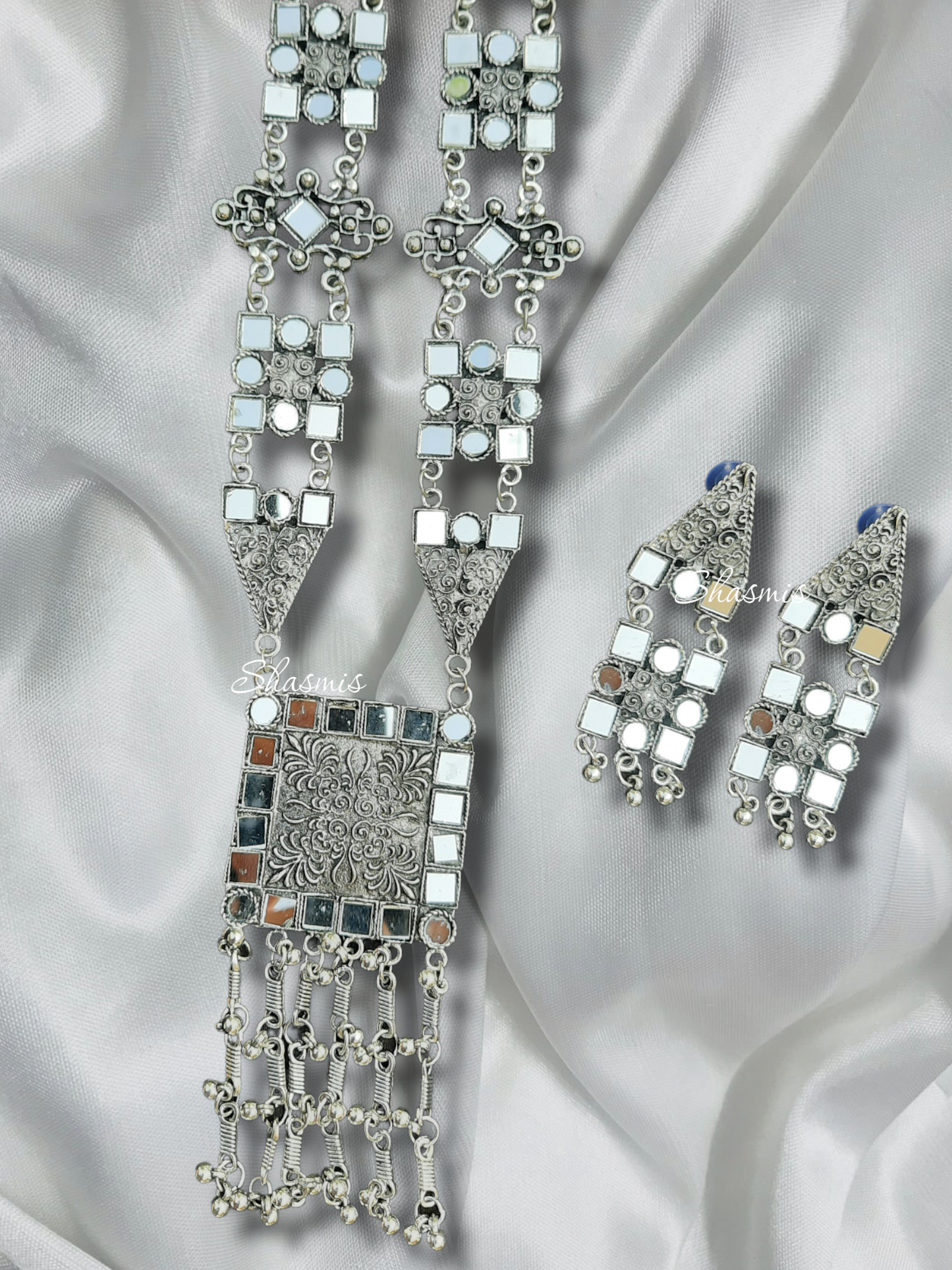 Long Mirror Necklace with Earrings