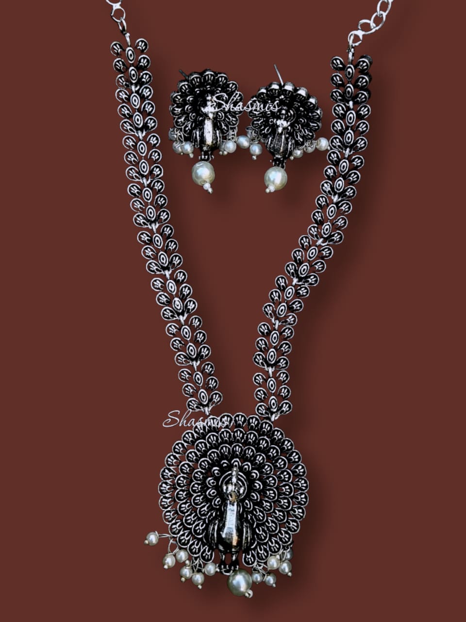 Peacock Long Silver Oxidised Necklace With Earrings