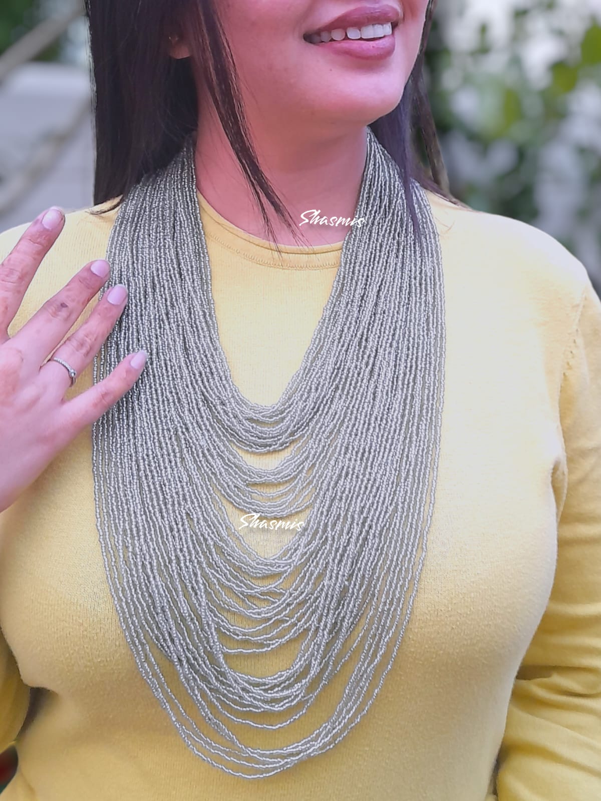 Silver Long Layer African Beads Necklace