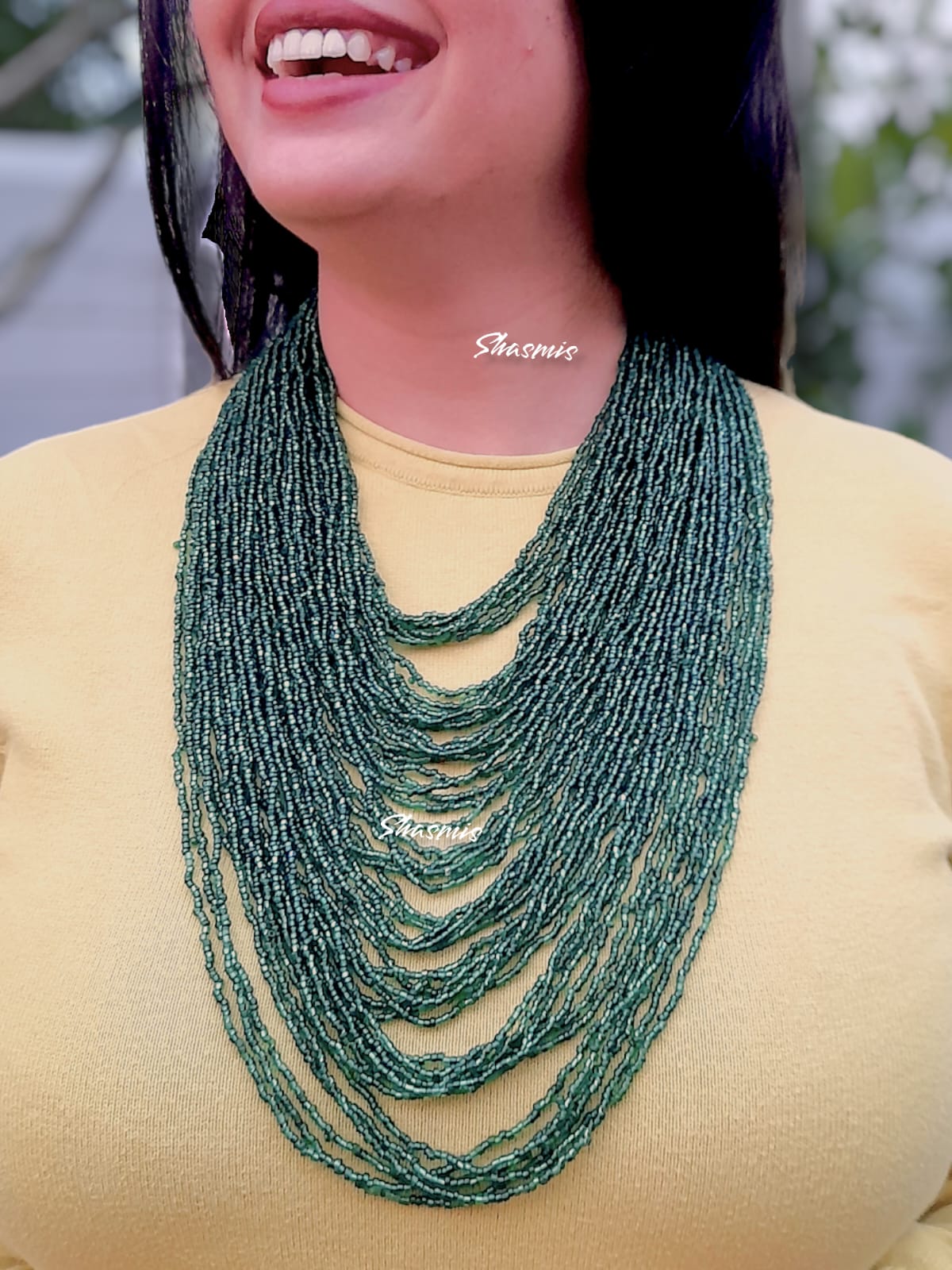 Green Color African Long Layer Beads Necklace