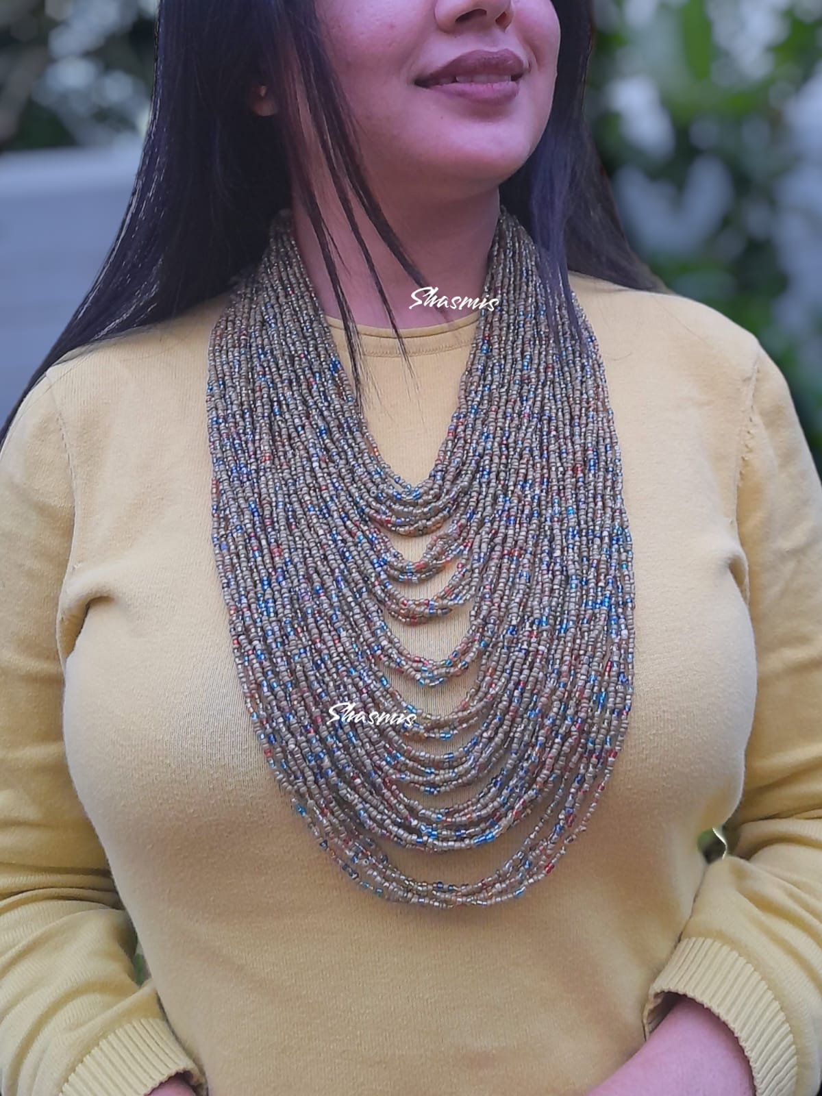 Olive Color Beads African Long Layer Necklace