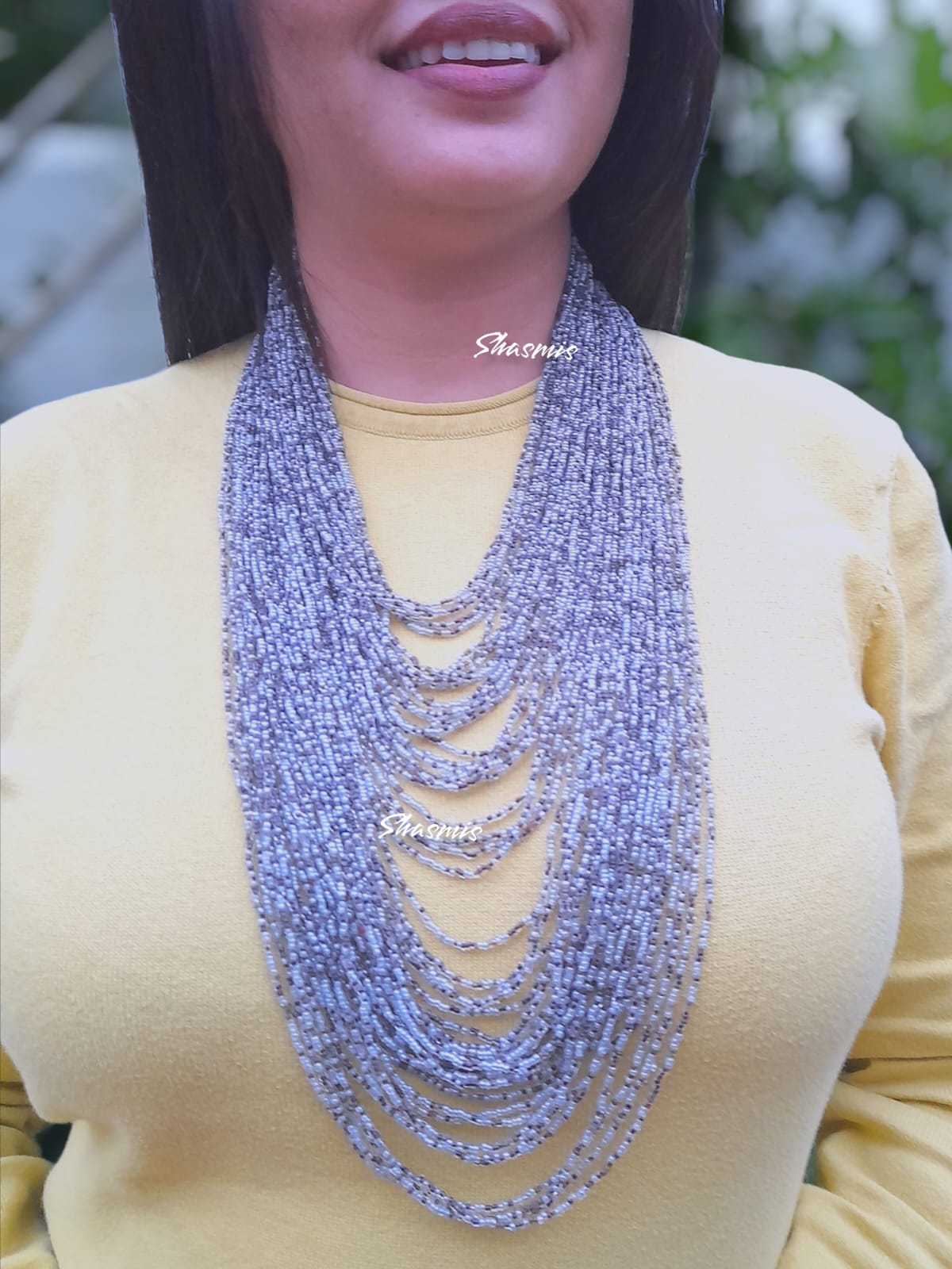 Grey Long Layer African Beads Necklace