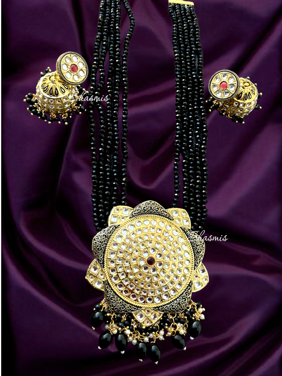 Black Color Pearls Beads Necklace With Huge Kundan Pendant And Earrings